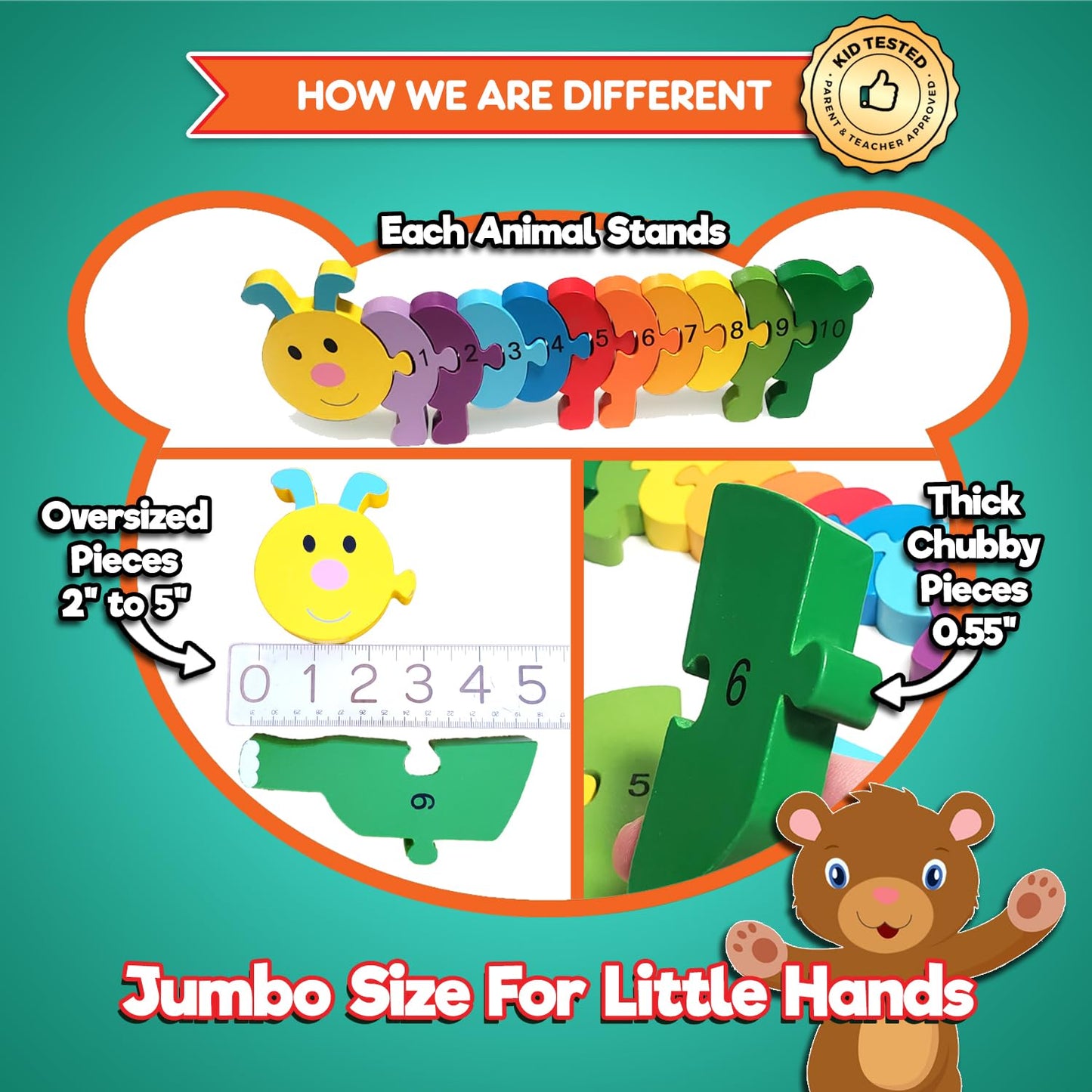 Animal Wooden Puzzles for Toddlers - Colors and Counting Building Toys and Toddler Games | Montessori Toys Wood Blocks with Storage Box and Learning
