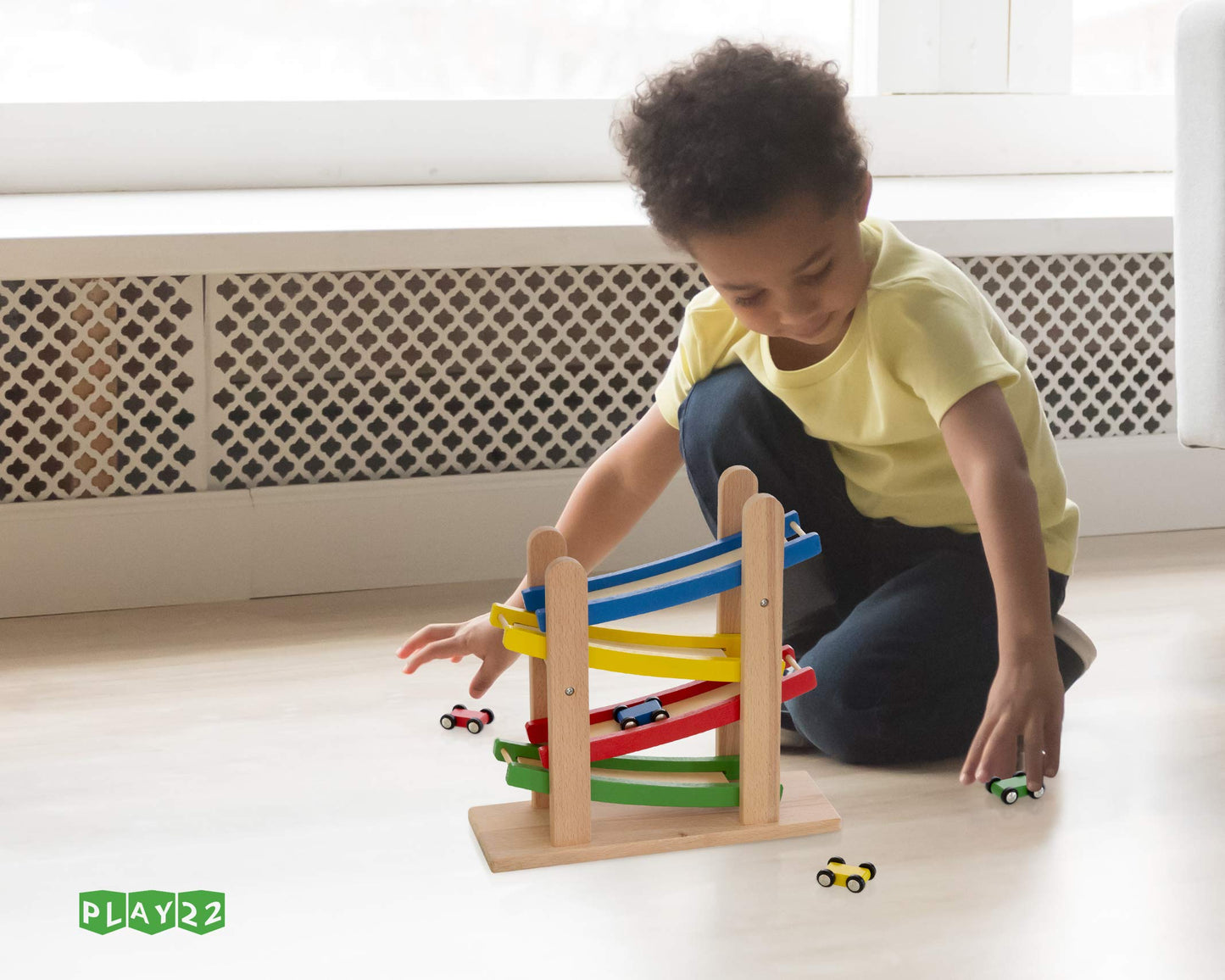 Play22 Wooden Car Ramps Race - 4 Level Toy Car Ramp Race Track Includes 4 Wooden Toy Cars - My First Baby Toys - Toddler Race Car Ramp Toy Set is