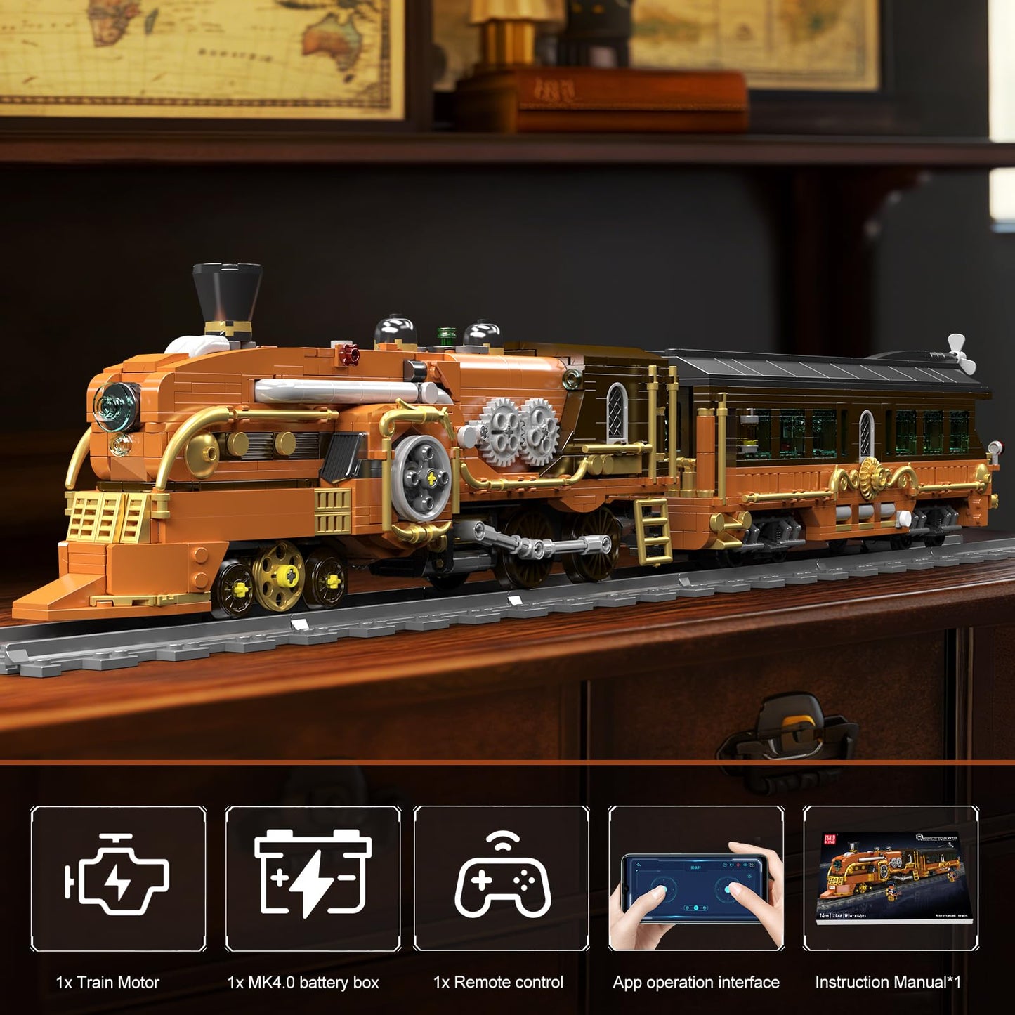 Mould King 12046 Steampunk Train Building Set, Western Train with Track, Buildable Model with Battery, Display Model Toy for Adults Collection