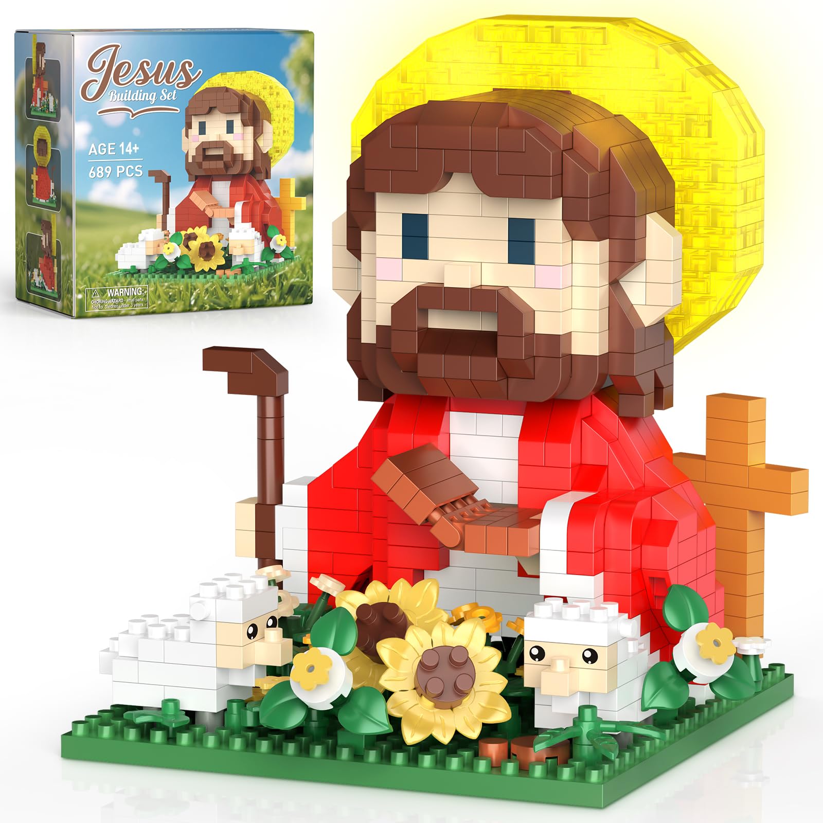 Vziimo Jesus and Flowers Building Set, Little Jesus Figurines with Sunflower, Sheep & LED Halo, Christian Toys Gifts for Adults, Teens Age 14+ (689