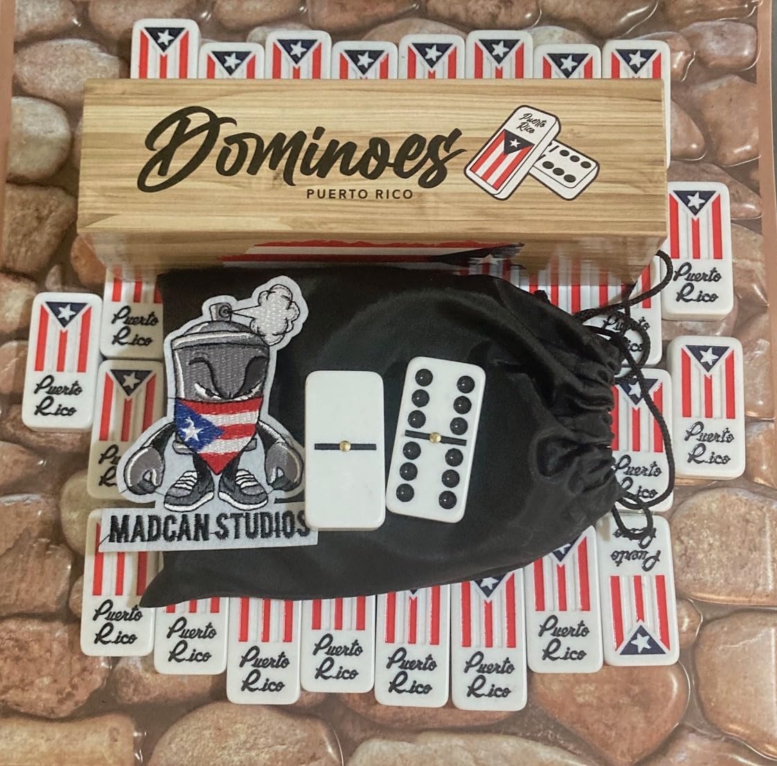 Puerto Rico Dominoes Set, Travel Bag No Wood Box Puerto Rican Domino Set, Boricua Style Accessories Double six Large Adult Size Dominos with Puerto