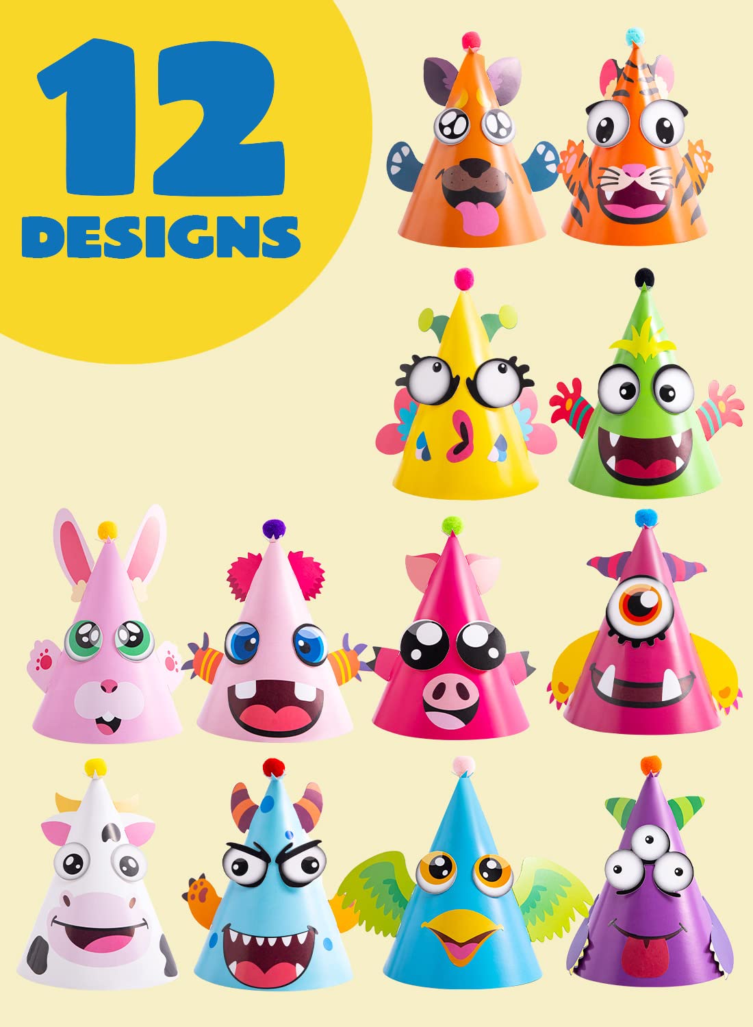 JOYIN 12 Sets Party Hats for Kids Birthday Party Games Craft Activities, Cute Animal Theme Birthday Hats Activity Kits with Stickers for Kids Holiday