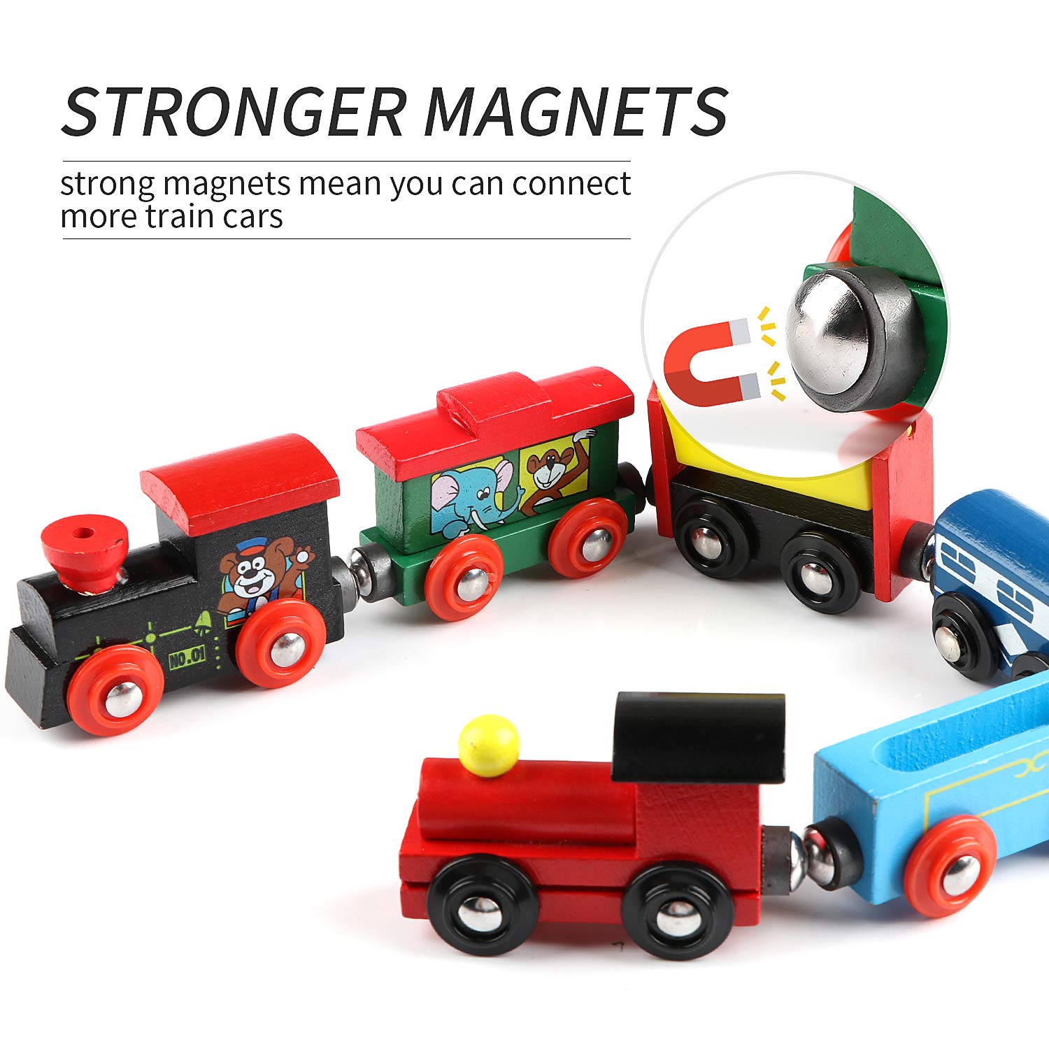 Joqutoys 12 PCS Wooden Train Cars, Train Toys Magnetic Set Includes 3 Engines and Storage Bag, Toy Train Sets for Kids Toddler Boys and Girls