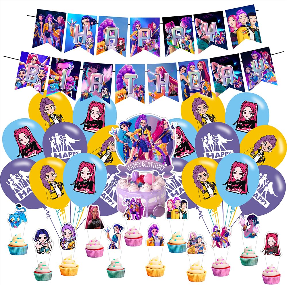 Demon Movie Hunters Birthday Decorations,Demon Movie Hunters Party Supplies Include Happy Birthday Banner, Cake Topper and Cupcake Toppers, Balloons