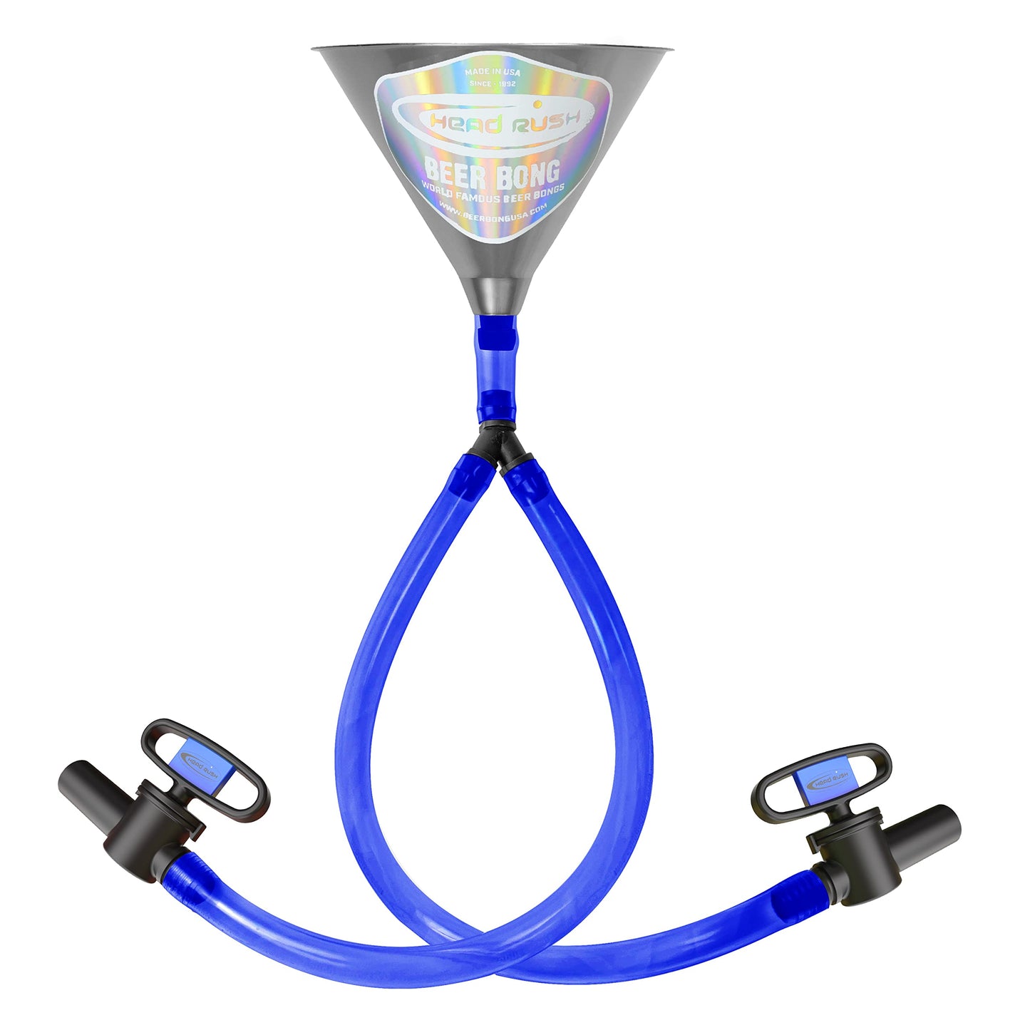 Head Rush Silver/Blue Double Header 2-Tube Beer Bong, 8" x 6.5" Plastic Funnel with Dual Flexible Hose, 2 2-ft Long Thick Tubes for Parties and Games