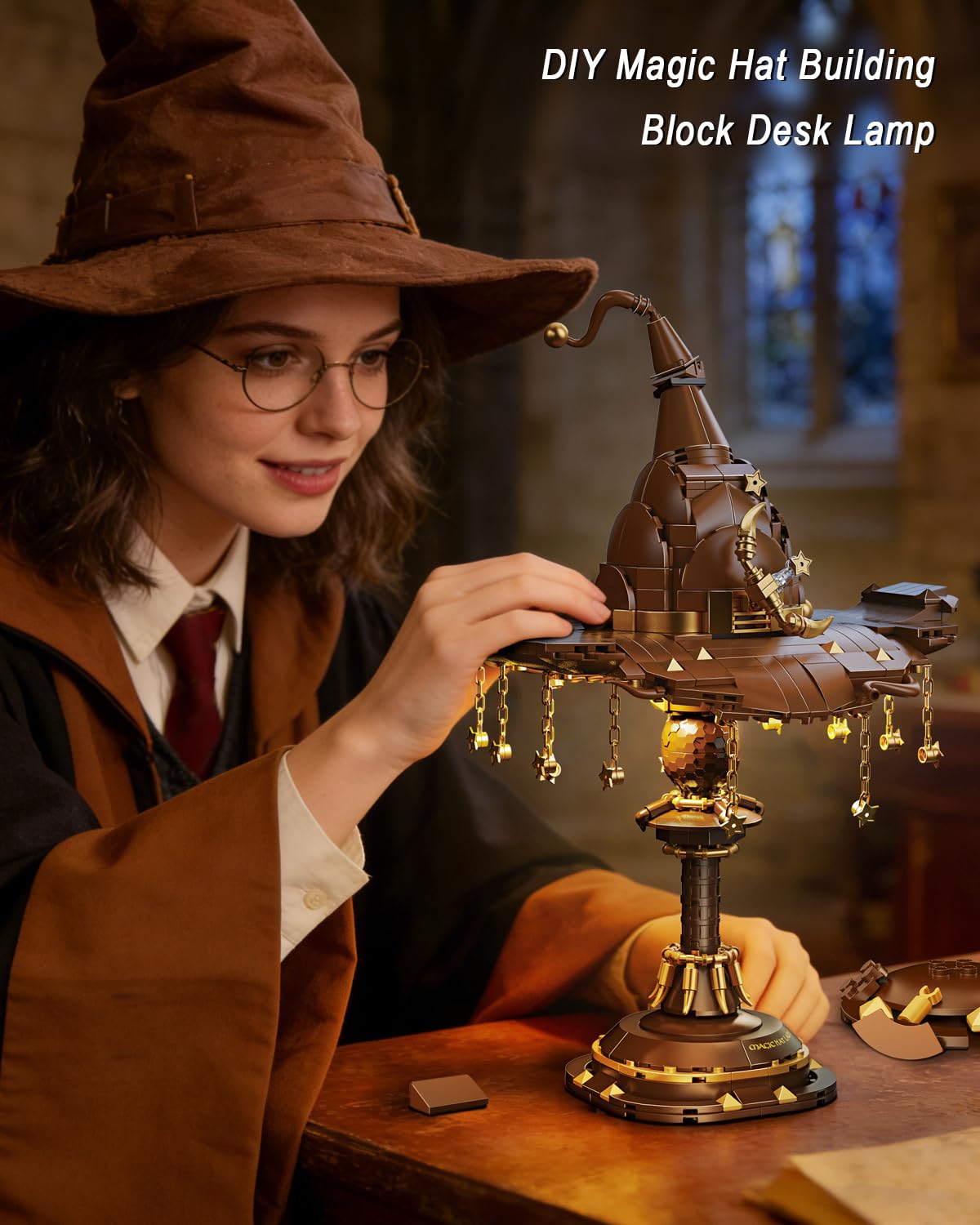 Fitaiengal Magic Hat Lamp Building Set Compatible with Lego- 698 PCS Brown & Gold Stars Night Light Kit - Gothic Desk Decor & Mystical Academy Gift