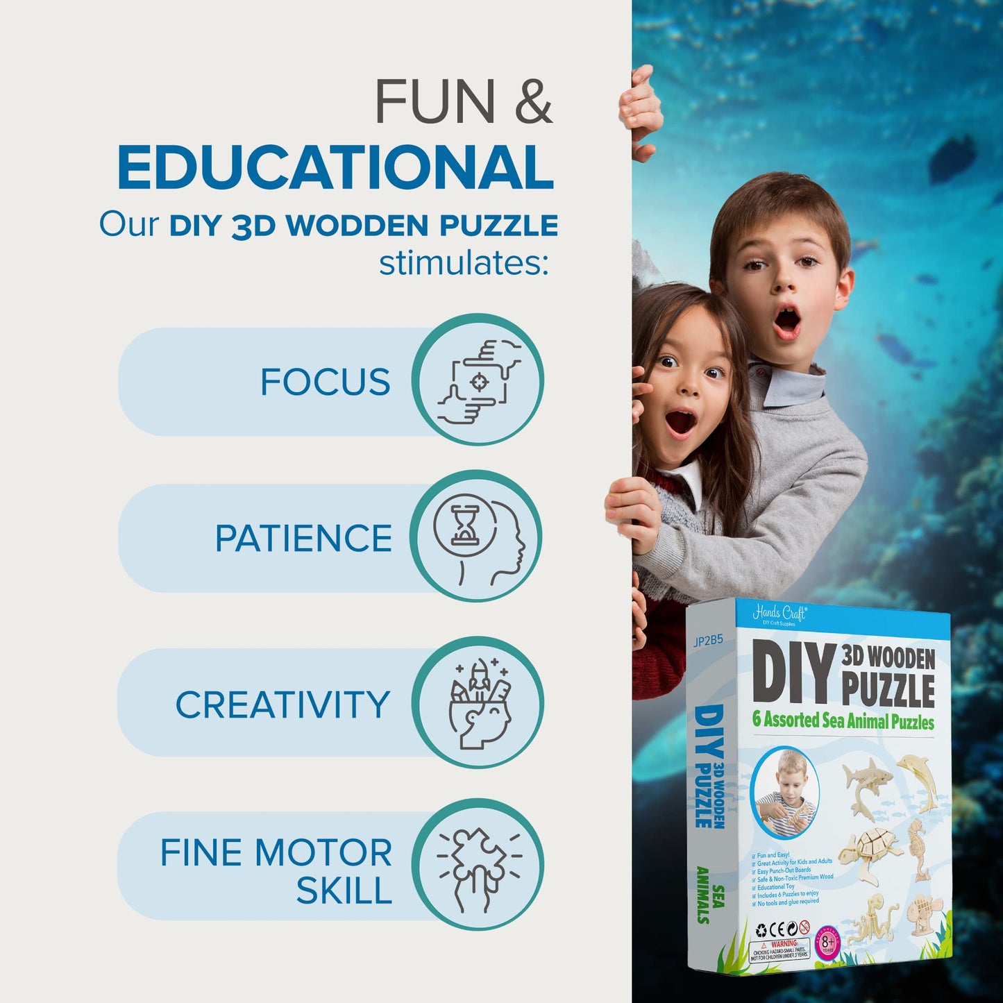 Hands Craft DIY 3D Wooden Puzzle - 6 Assorted Sea Animals Bundle Pack Set Brain Teaser Puzzles Educational STEM Toy Adults and Kids to Build Safe