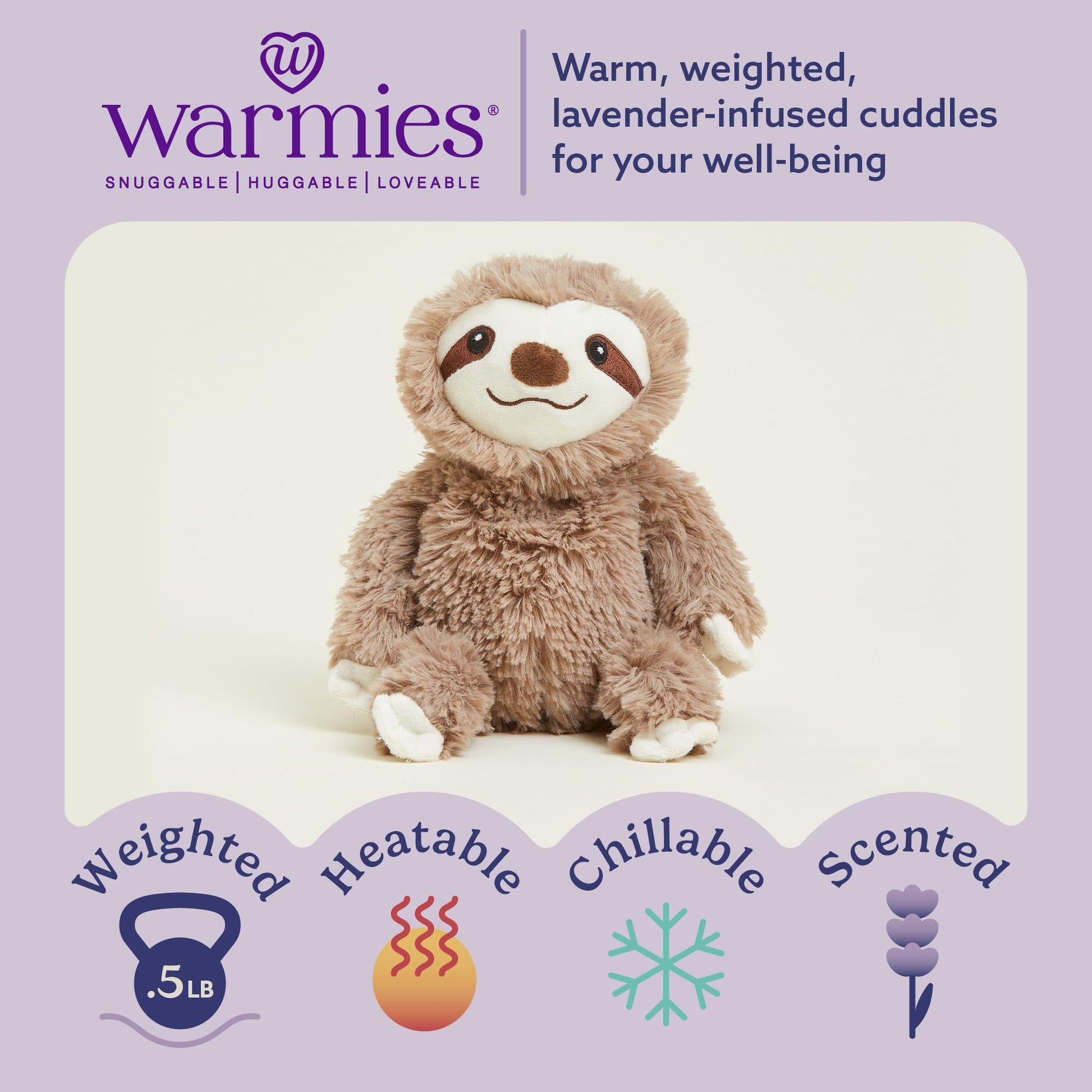 warmies Junior Microwavable & Weighted Stuffed Animals, Sloth - Heated Stuffed Animal Plushie for Warmth & Comfort - Cute Soft Plush Toys for Adults