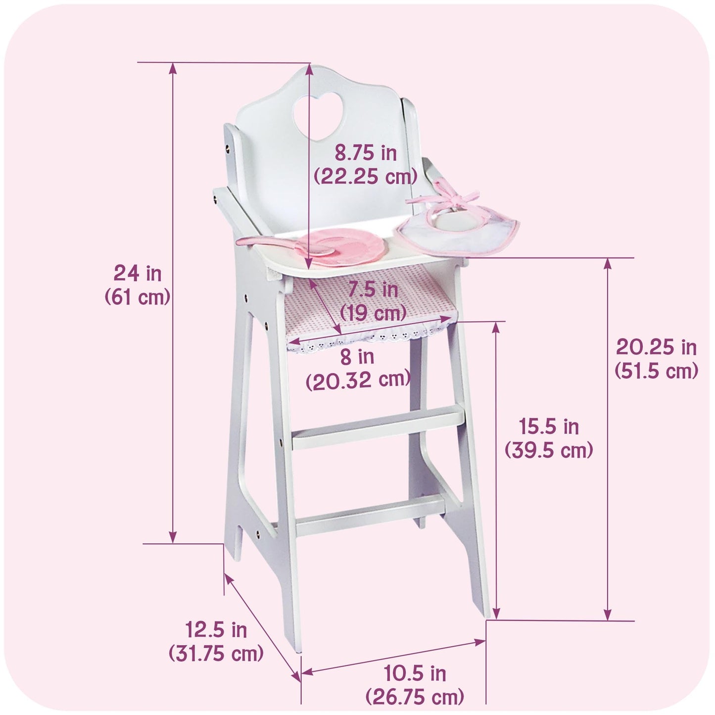 Badger Basket Wooden Baby Doll High Chair - Fits 18" Dolls - Includes Tray, Bib & Free Personalization Kit - Best for Toddler Girls for Pretend Play