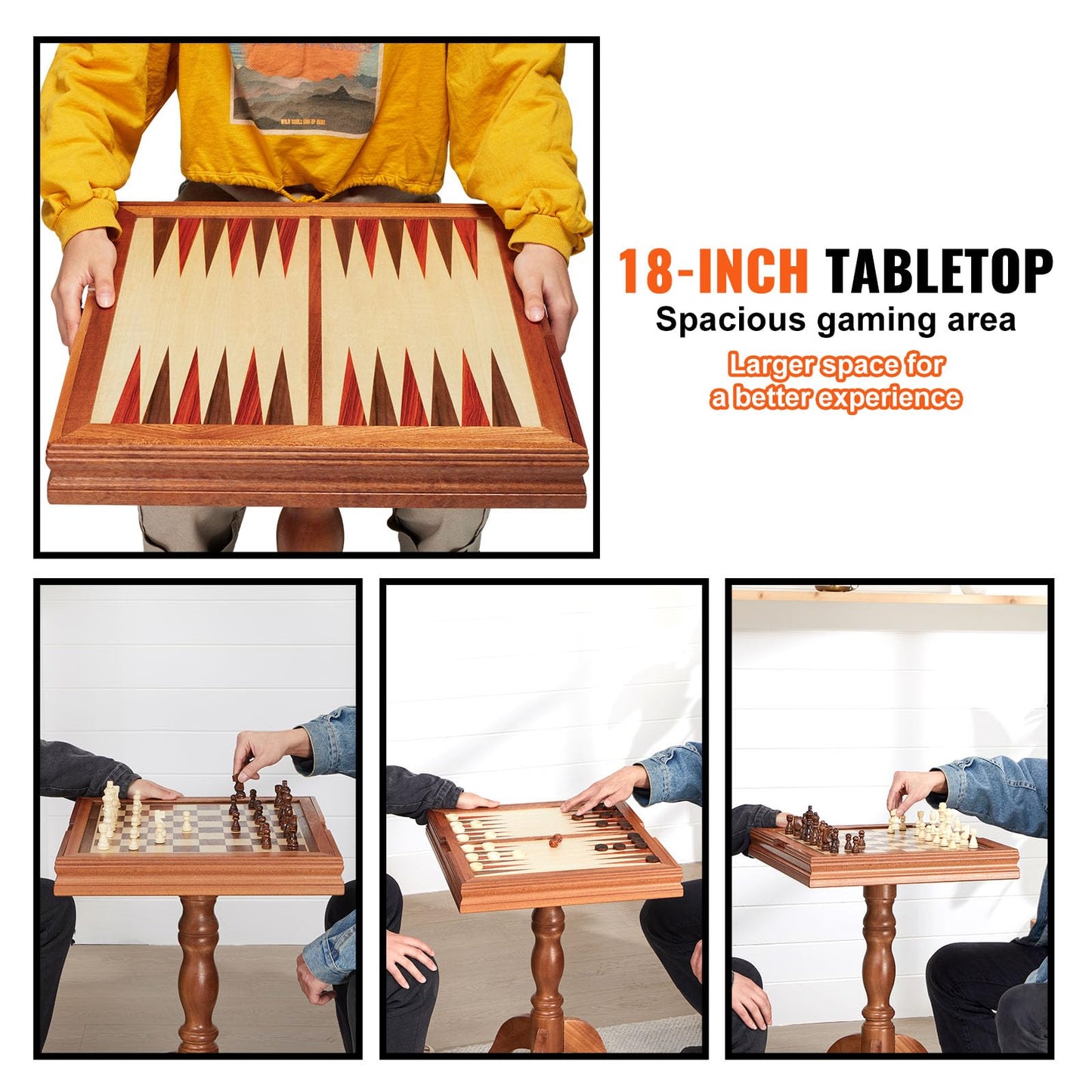 VEVOR 3-in-1 Chess Checkers Backgammon Table Set, 18 Inch Premium Wooden Chess Table, Deluxe Combo Game Table Furniture Set, Chess Set Board Game Gift