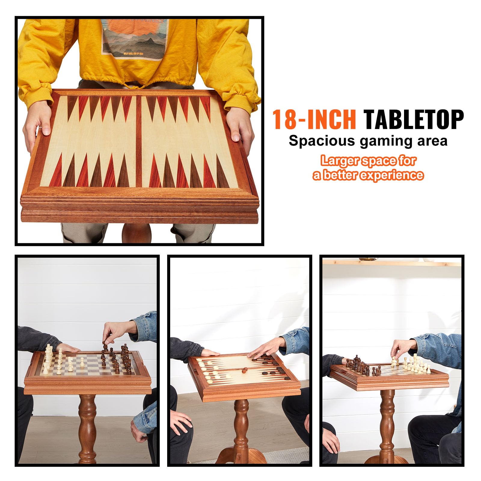 VEVOR 3-in-1 Chess Checkers Backgammon Table Set, 18 Inch Premium Wooden Chess Table, Deluxe Combo Game Table Furniture Set, Chess Set Board Game Gift