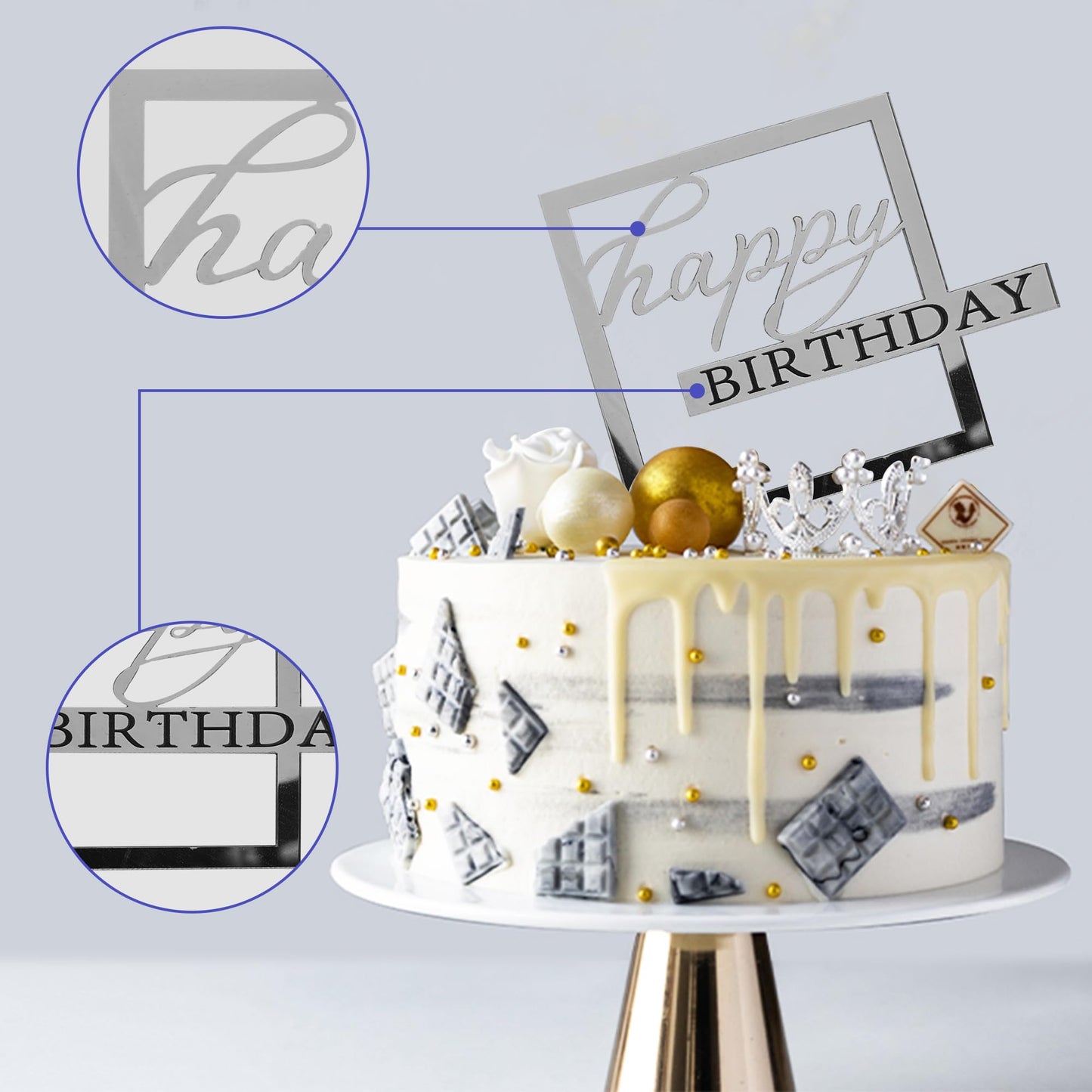 40 PCS Happy Birthday Cake Toppers Mirror Acrylic Toppers with 10 Styles 4 Colors for Birthday Party Cake Desserts Pastries