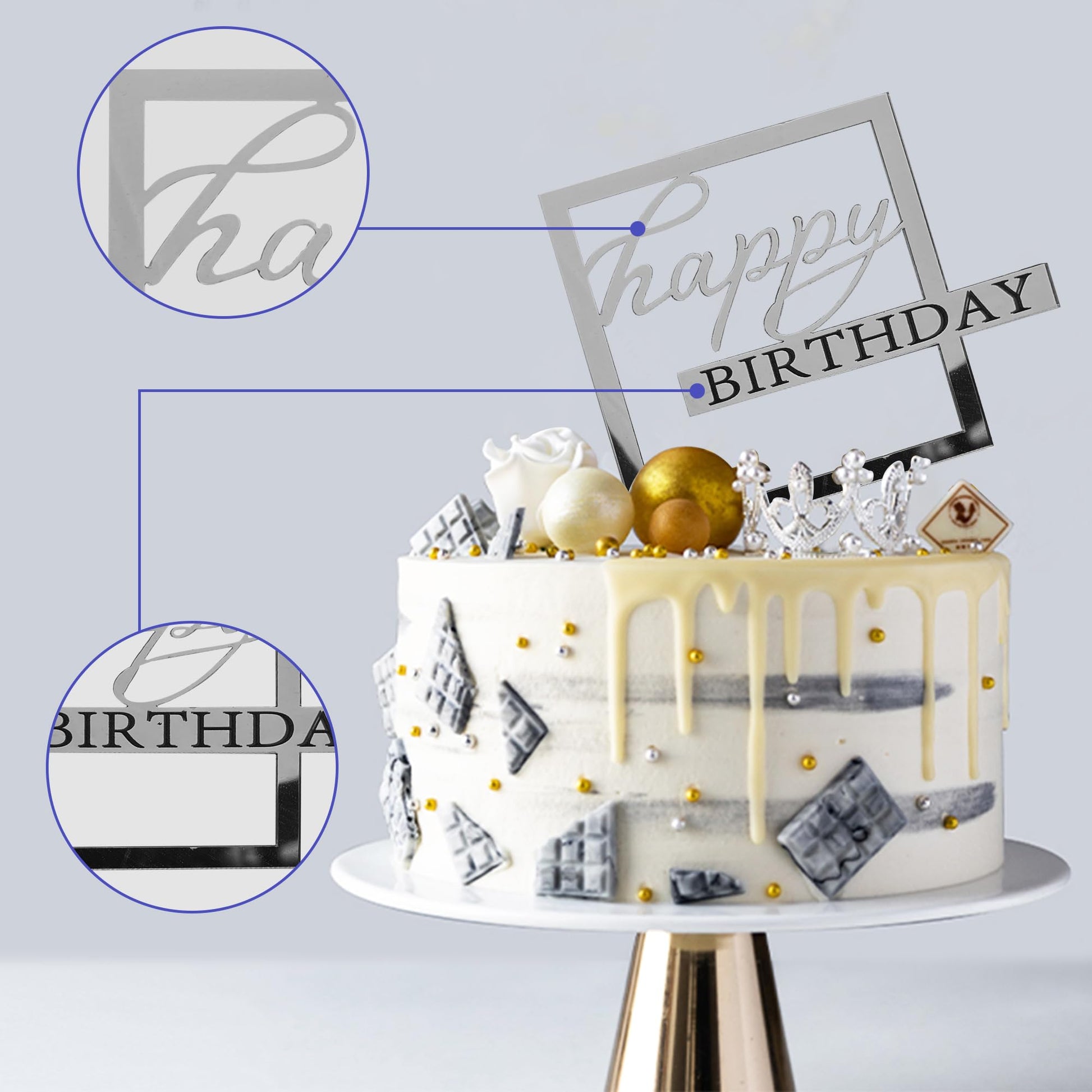 40 PCS Happy Birthday Cake Toppers Mirror Acrylic Toppers with 10 Styles 4 Colors for Birthday Party Cake Desserts Pastries