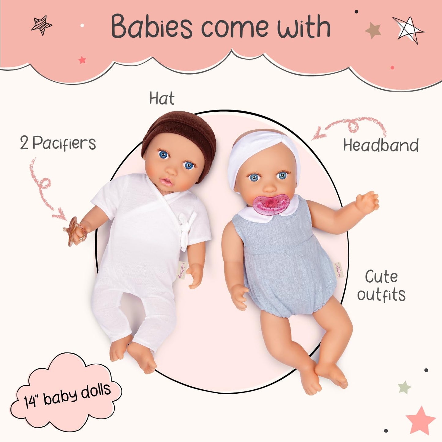 LullaBaby - 14-inch Realistic Baby Twin Dolls - Fair Skin Tones & Blue Eyes - Soft Bodies & Removable Outfits - Hat, Headband & Pacifier Accessories