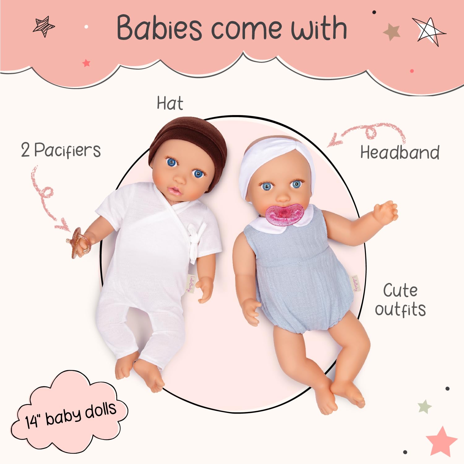 LullaBaby - 14-inch Realistic Baby Twin Dolls - Fair Skin Tones & Blue Eyes - Soft Bodies & Removable Outfits - Hat, Headband & Pacifier Accessories