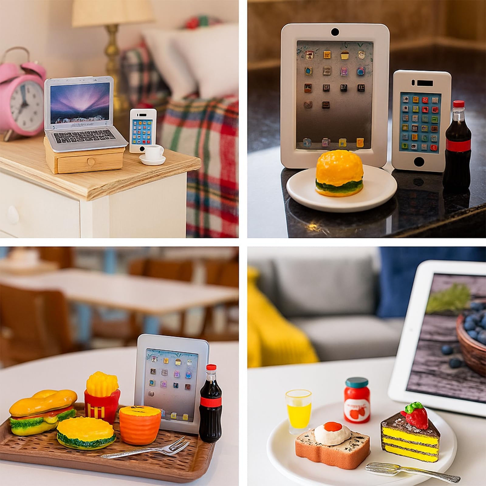 20Pcs Miniature Laptop Computer Tablet Toy Phone Pad and Hamburger Fries Cola Fast Food Cake Coffee Juice Fits Doll Accessories Scale Dollhouse