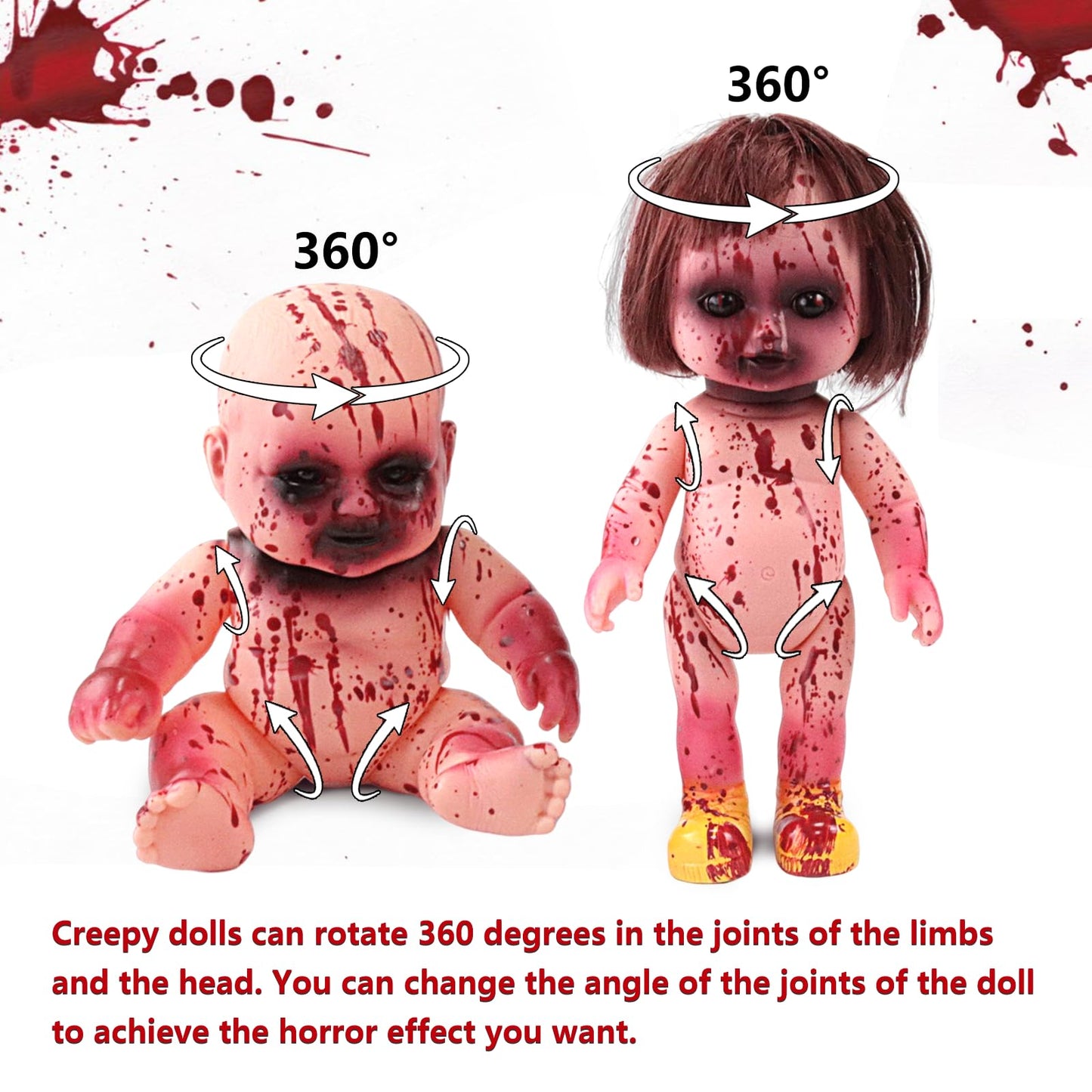 YYPLIAN 2pcs Halloween Creepy Dolls, 10 inch Bloody Haunted Doll Scary Hanging Zombie Dolls with Rope, Halloween Scary Horror Decoration Haunted House