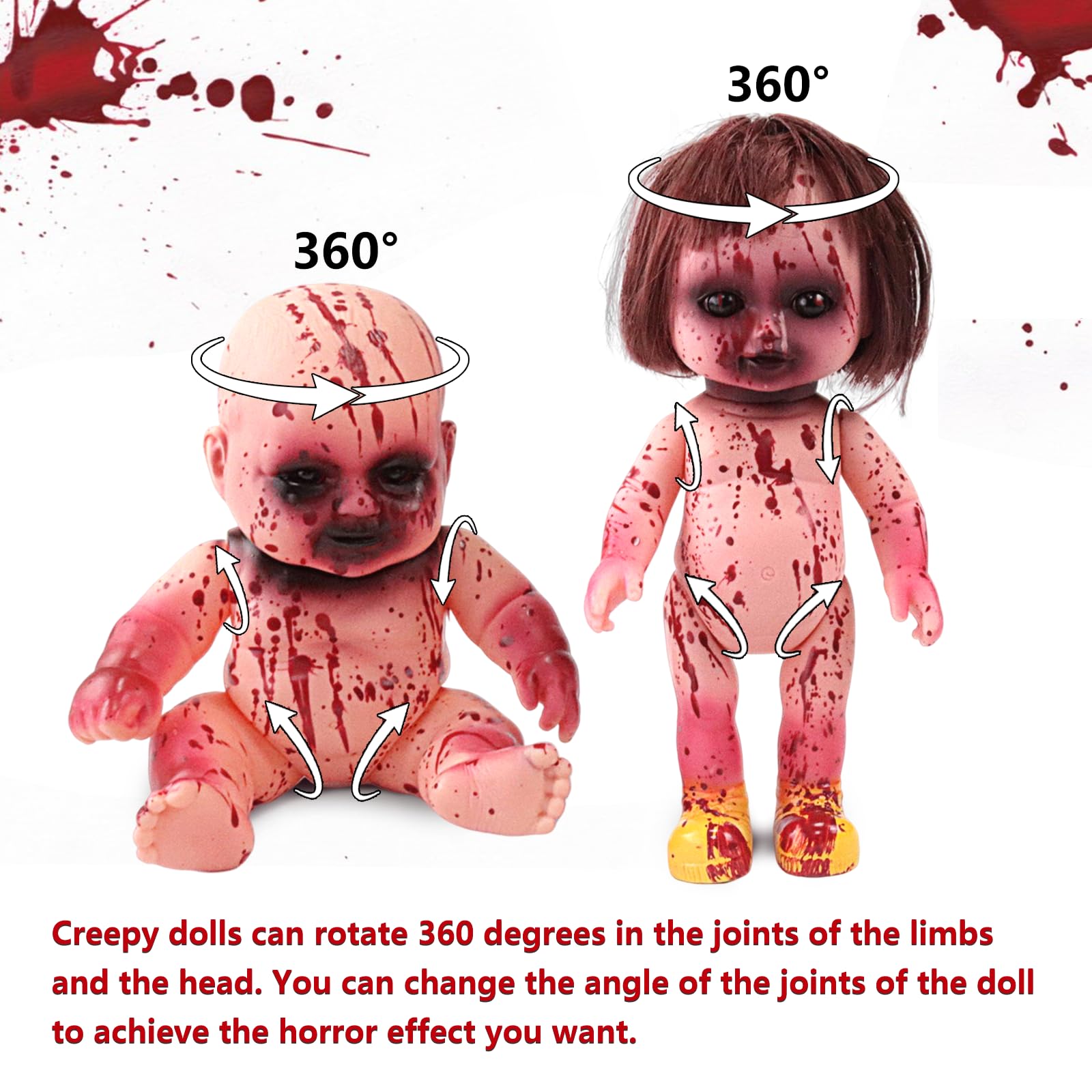 YYPLIAN 2pcs Halloween Creepy Dolls, 10 inch Bloody Haunted Doll Scary Hanging Zombie Dolls with Rope, Halloween Scary Horror Decoration Haunted House