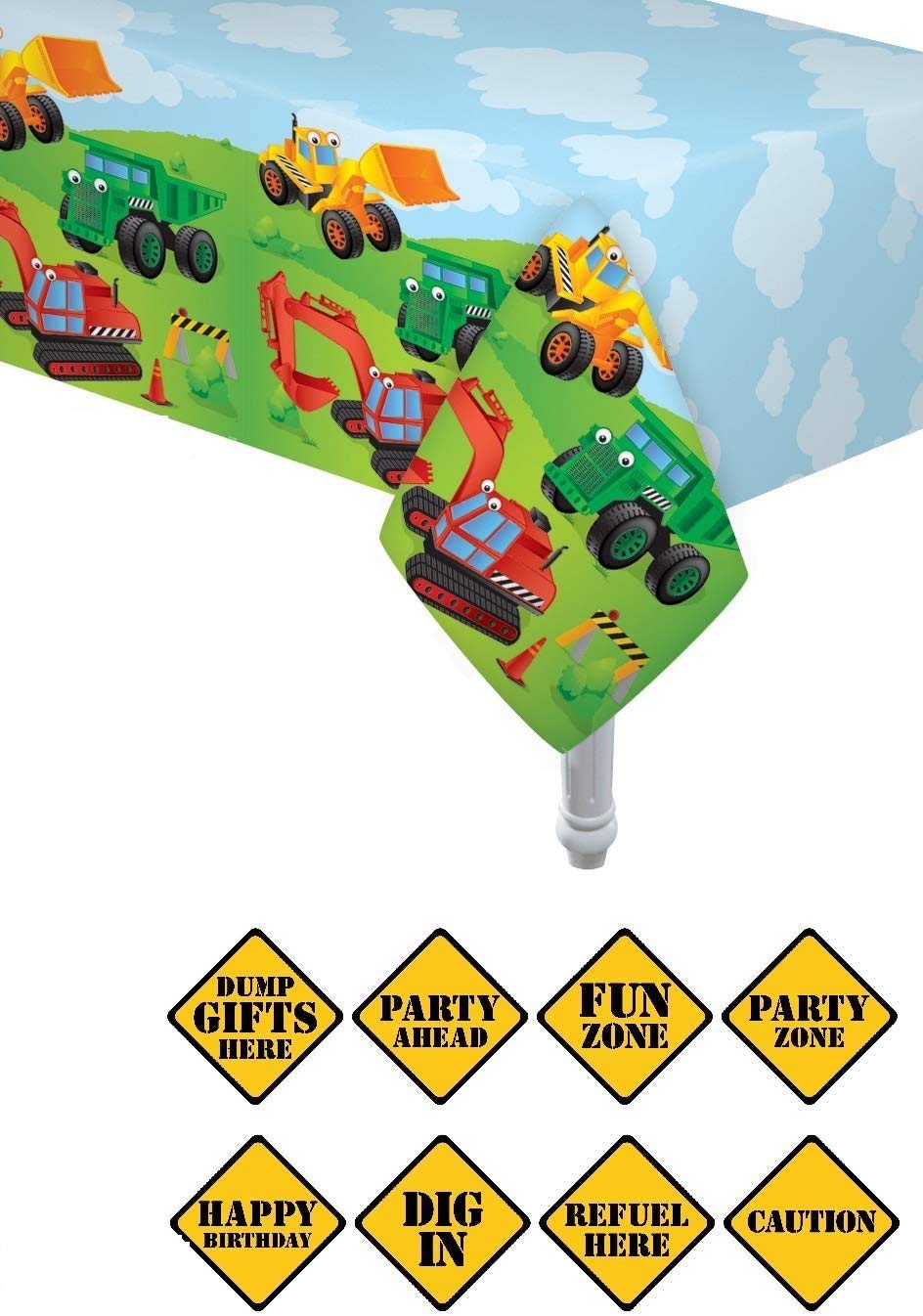 Oojami Construction Birthday Party Supplies - 4 Pack Plastic Tablecovers 54"x108" with 8 Traffic Sign Cutouts - Dump Truck Theme Decorations for Kids