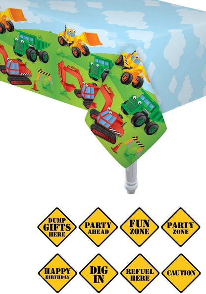 Oojami Construction Birthday Party Supplies - 4 Pack Plastic Tablecovers 54"x108" with 8 Traffic Sign Cutouts - Dump Truck Theme Decorations for Kids