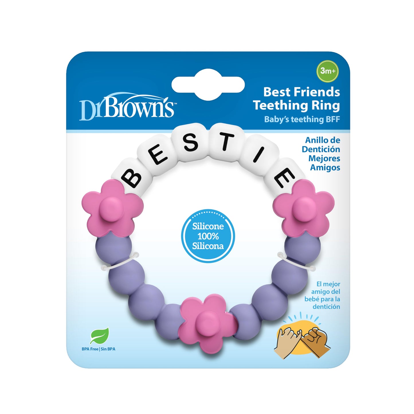 Dr. Brown's Best Friends Teething Ring, 100% Silicone Massaging Teether Toy, Pink and Purple, BPA-Free, 3m+