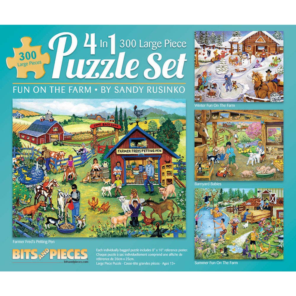 Bits and Pieces - 4-in-1 Multi-Pack 300 Piece Jigsaw Puzzles for Adults - Fun on The Farm by Artist Sandy Rusinko, Completed Puzzle Size: 16" x 20"