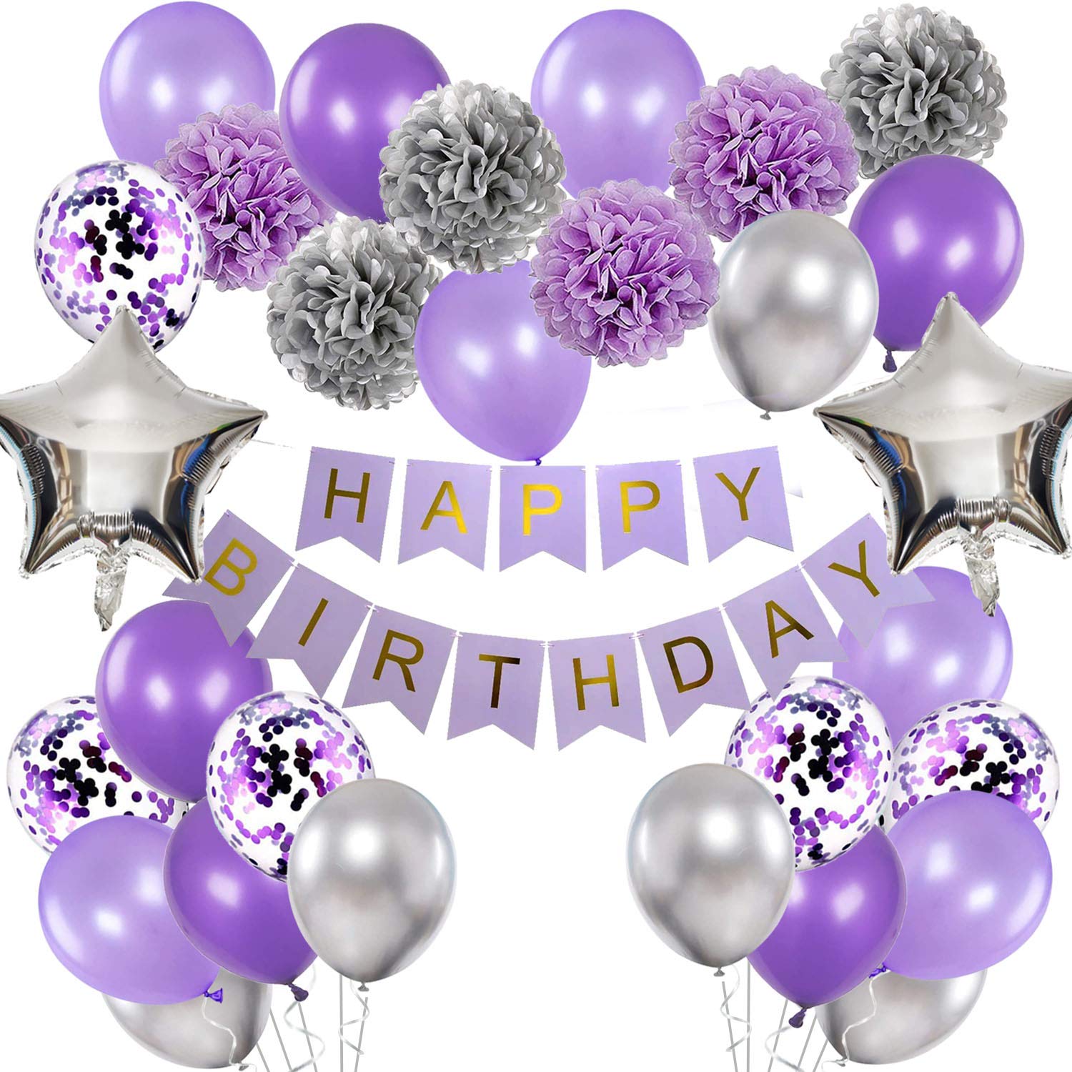 Purple and Silver Birthday Decorations for Women Lavender Party Decor Kit for Her Including Happy Birthday Banner Pompom Flower Foil Balloons Confetti