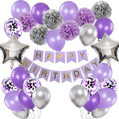 Purple and Silver Birthday Decorations for Women Lavender Party Decor Kit for Her Including Happy Birthday Banner Pompom Flower Foil Balloons Confetti