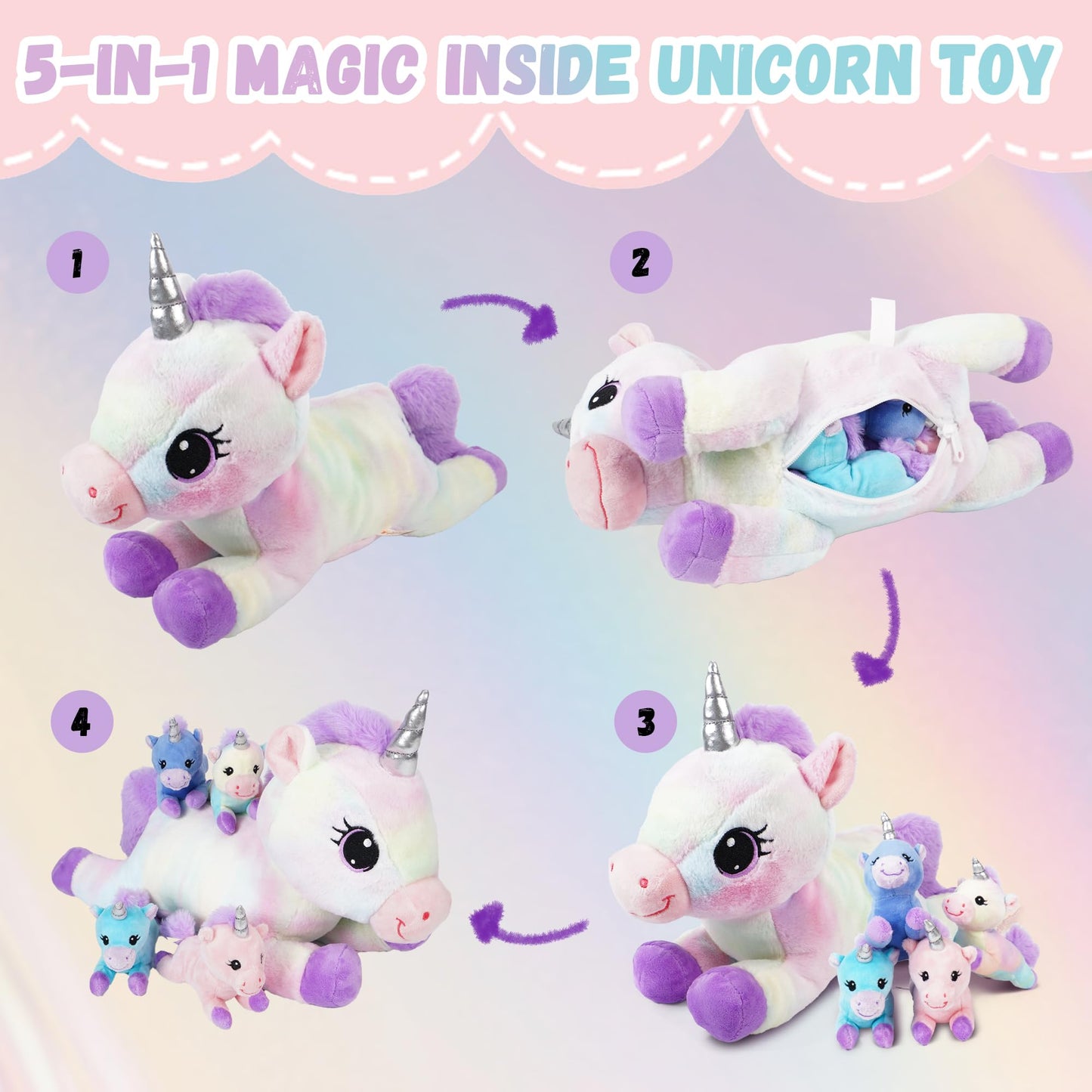 little tigers Unicorn Mommy Stuffed Animal with 4 Babies in Tummy, 5-in-1 Soft Unicorn Plush Toy Pillow, Stuffed Animal Gifts for Girls Kids Toddlers