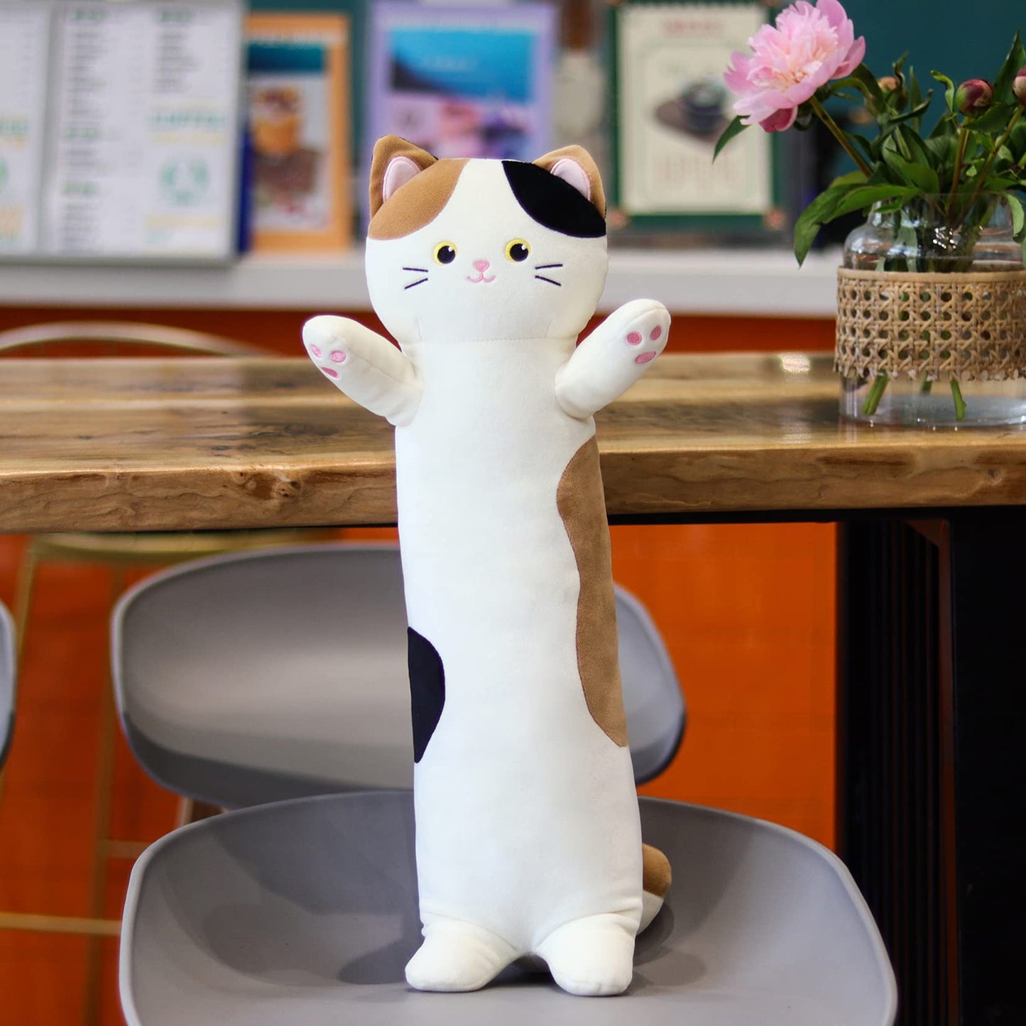 JEROKUMI Calico Cat Long Plush Pillow - 22" Soft Cat Body Pillow, Cuddly Stuffed Animal Plushie, Cute Plushies Kawaii Birthday Gift for Cat Lovers