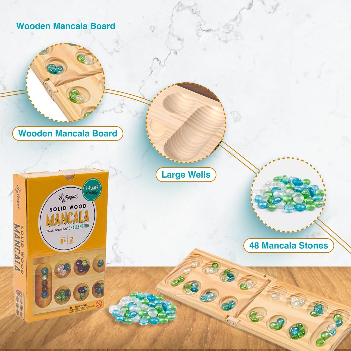 Regal Games Mancala Board Game - Fun Classic Table Game with Wooden Board for Adults & Kids - 48 Glass Mancala Beads & 2 Player Games - Ideal