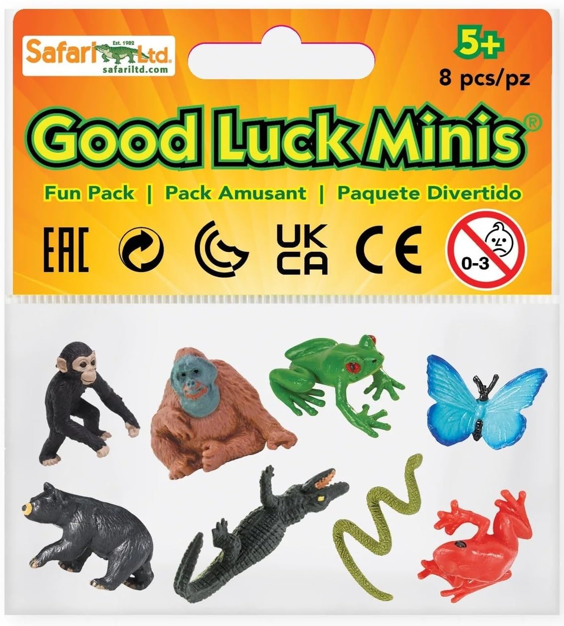 Safari Ltd. Good Luck Minis Rainforest Fun Pack - 8 Mini Figurines Including Snake, Frogs, Butterfly, Chimpanzee, Orangutan, Caiman, Bear