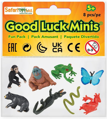 Safari Ltd. Good Luck Minis Rainforest Fun Pack - 8 Mini Figurines Including Snake, Frogs, Butterfly, Chimpanzee, Orangutan, Caiman, Bear