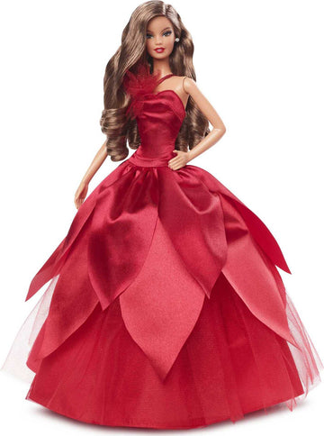 Barbie Signature 2022 Holiday Doll, Light-Brown Wavy Hair Wearing Red Poinsettia-Inspired Gown, Collectible with Doll Stand & Certificate of