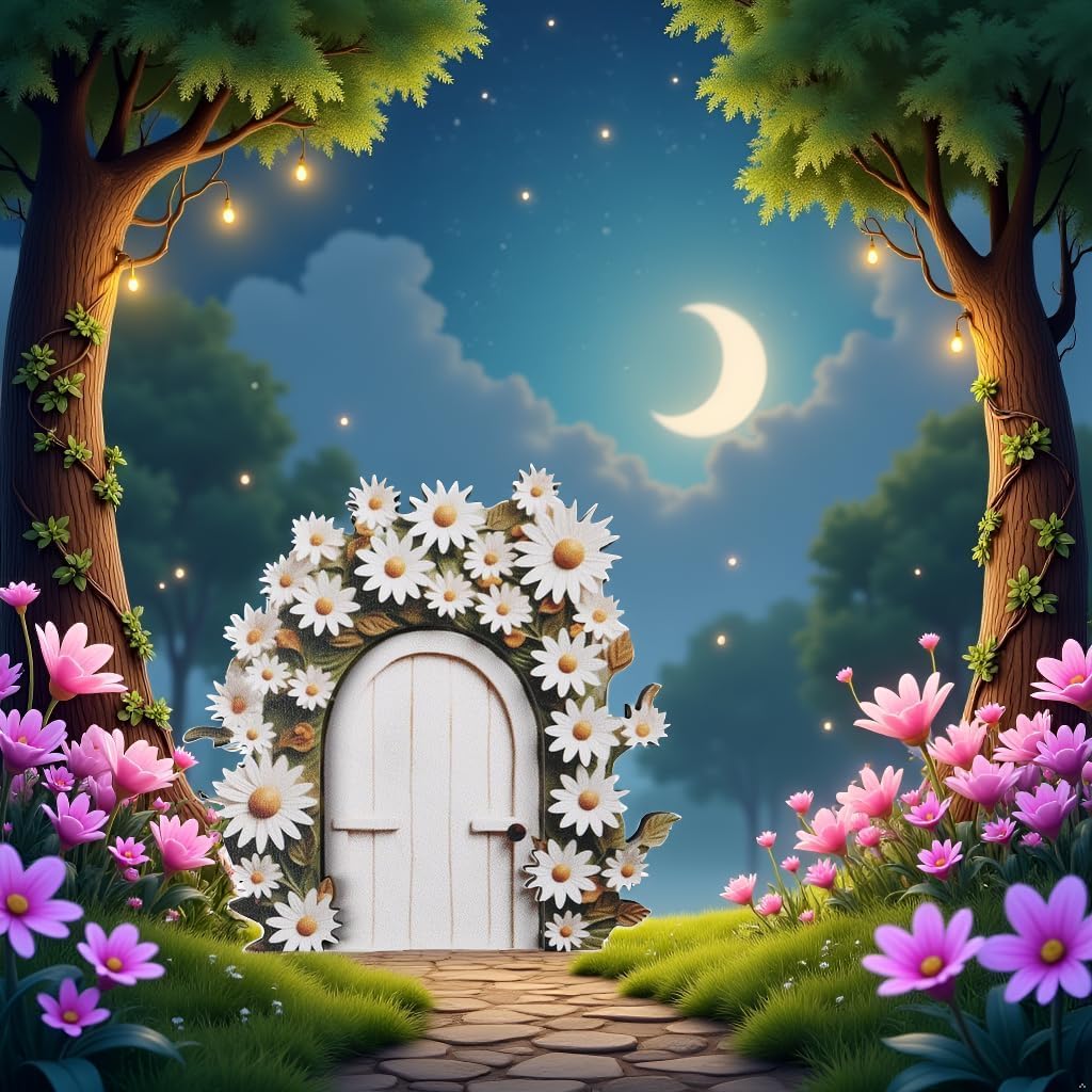 Cauaoa White Daisy Frame Fairy Door, Miniature Fairy Garden Accessories, Glow in The Dark, Outdoor Decor