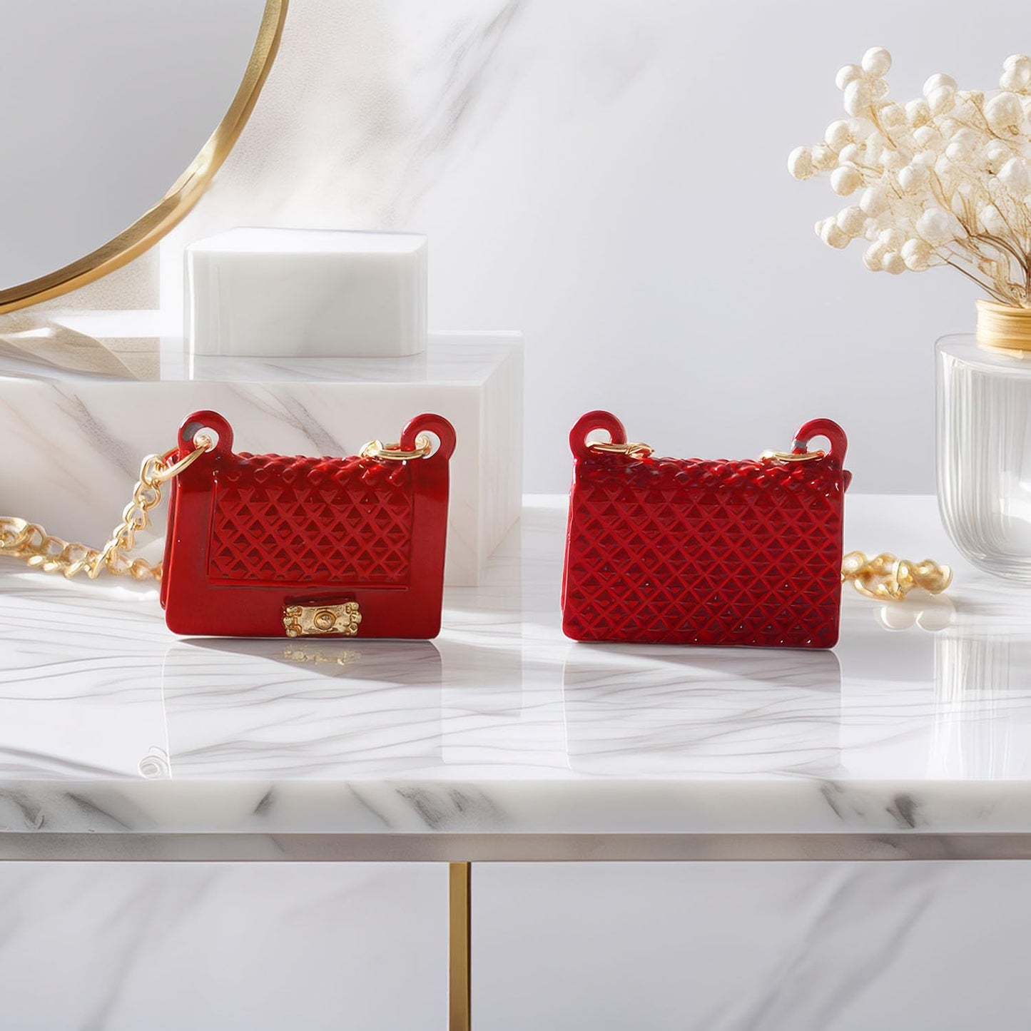 Miniature Red Quilted Handbag for 1:12 & 1:6 Scale Dollhouse, Classic Fashion Purse with Gold Chain, Realistic Diorama Accessory for Adult Collectors