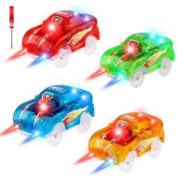 4pcs Tracks Cars Replacement Only - Light Up Magic Cars for Tracks Compatible with Glow in the Dark Toy Cars with 5 Led Flashing Lights for Most Race