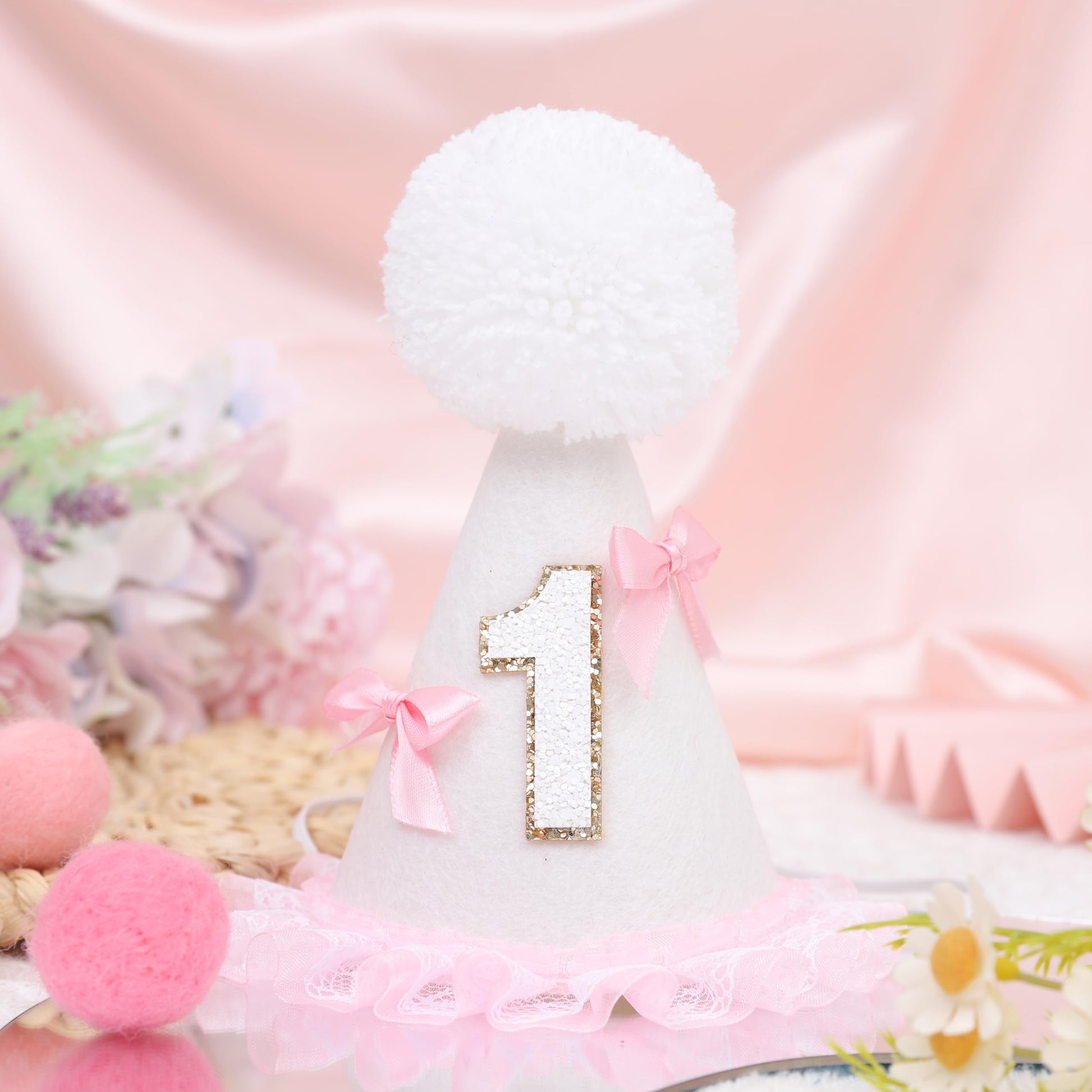 WUTKYAX Pink Bow 1st Birthday Hat - Little Princess First Birthday Decorations,White Cone Hat with Bow,Birthday Cake Smash Party Photo Props,Sweet One