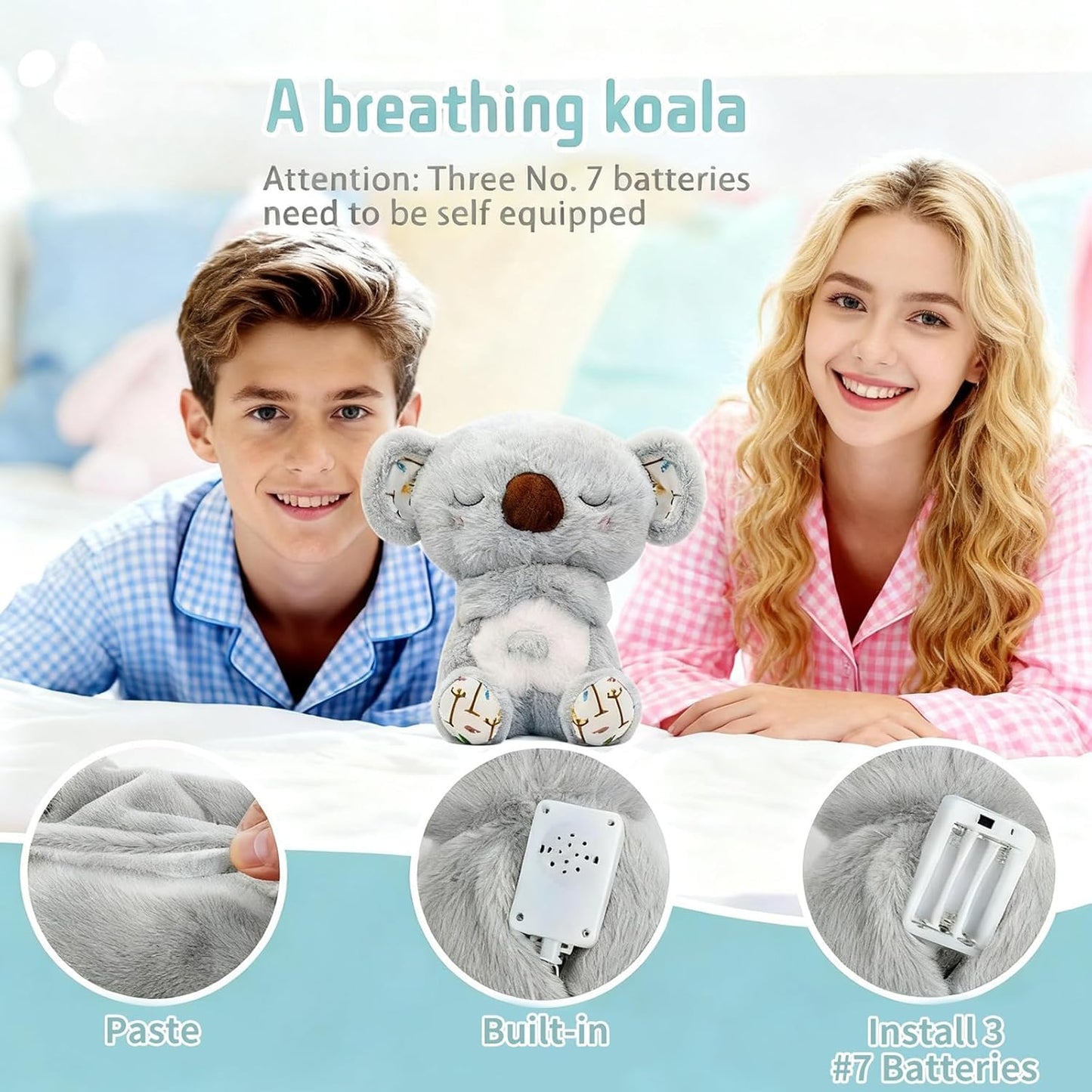 rytopt Breathing Stuffed Animal, Simulated Breathing Sounds, 4 Gear Adjustment, Volume Control, Plush Toy with Music & Light (Koala)