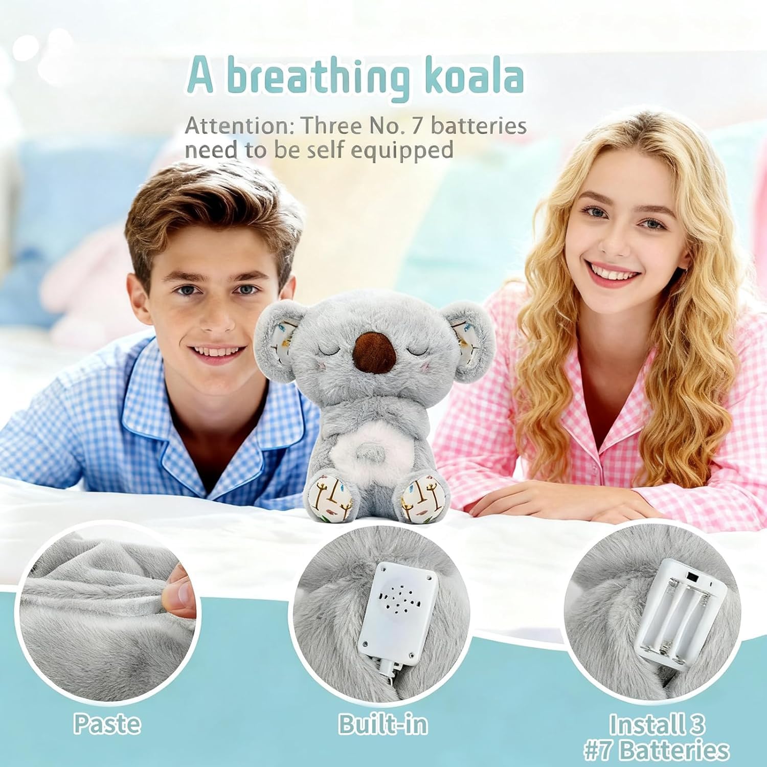 rytopt Breathing Stuffed Animal, Simulated Breathing Sounds, 4 Gear Adjustment, Volume Control, Plush Toy with Music & Light (Koala)