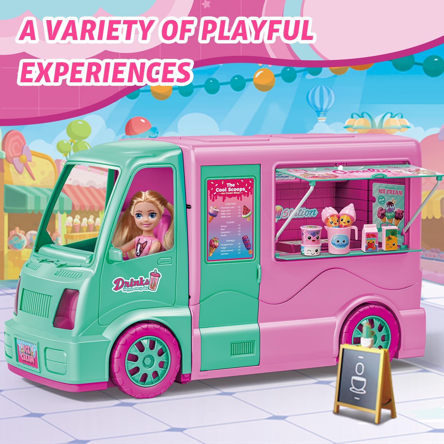 Dollhouse Ice Cream Truck Playset for Girls - Kids Kitchen Pretend Play Food Dessert Truck Toy with Doll, Table, Chairs & Accessories - Birthday Gift