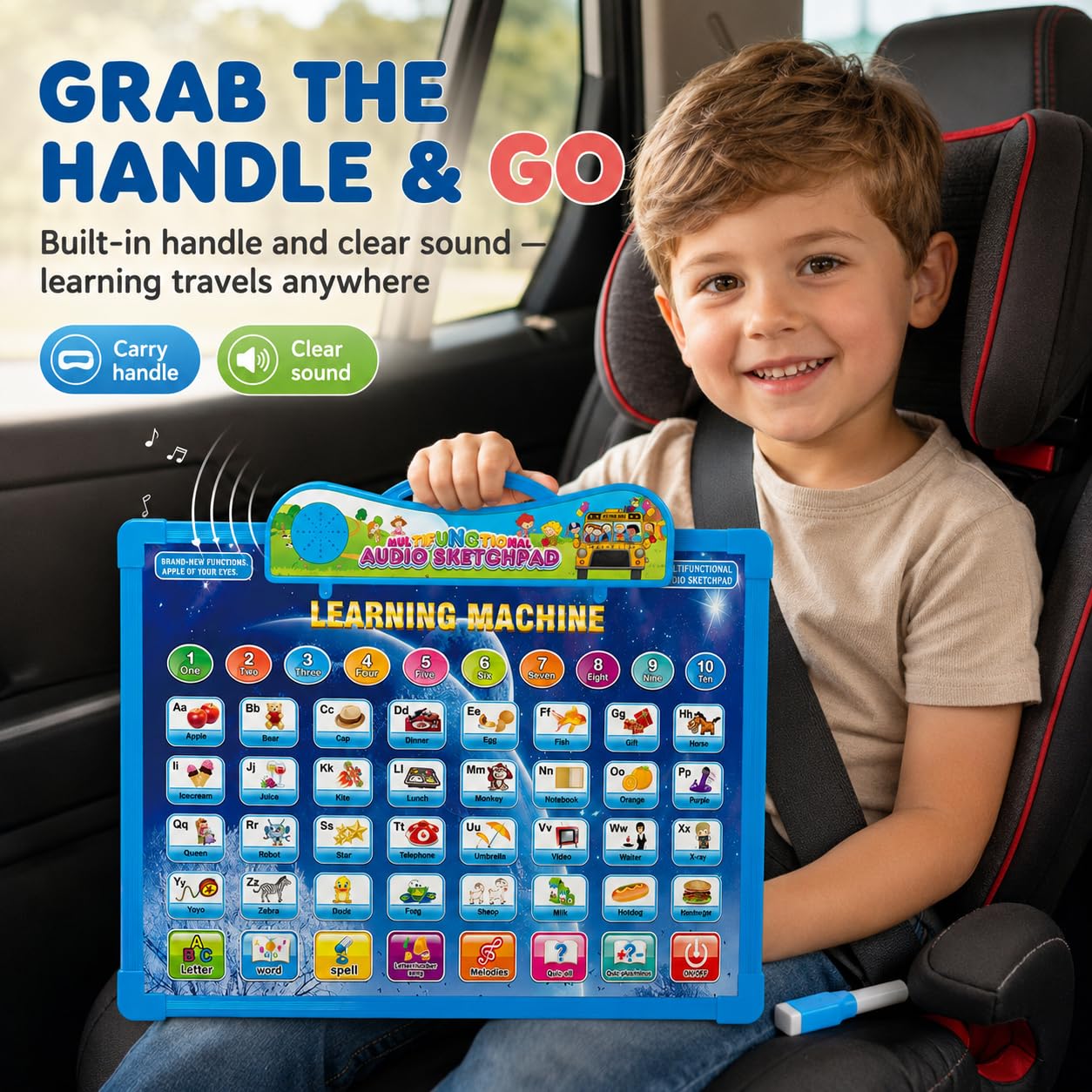 2-in-1 Learning Machine to Teach Children Words, Numbers, Letters, Math, Object Sounds, with Quizzes and Songs + White Board Drawing with Marker