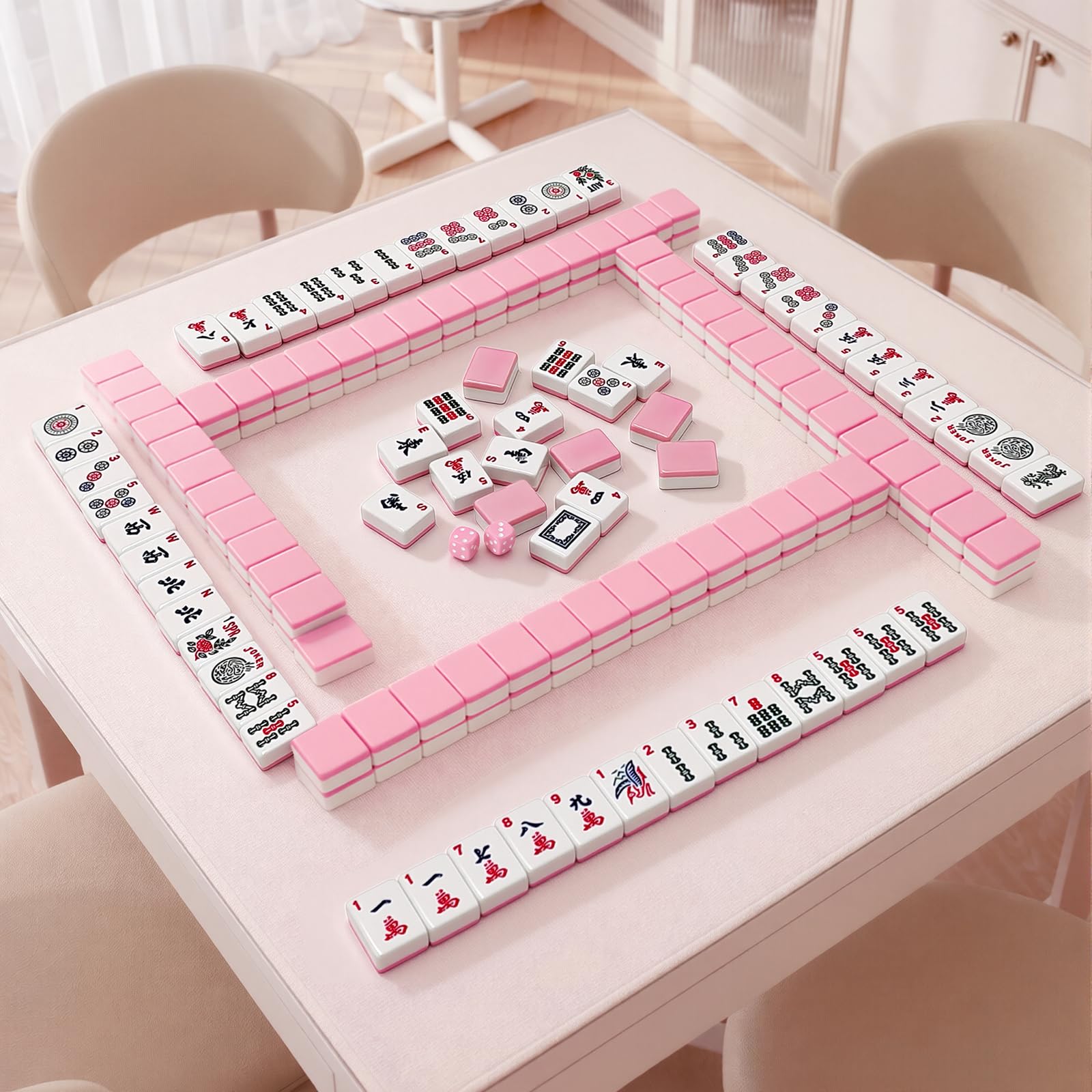 YAQUHO American Mahjong Tiles Set, 166 Pink Mahjong Tiles 1.2 Inch with Carrying Bag and 3 Dice, Portable American Mahjong Game for Travel, Family