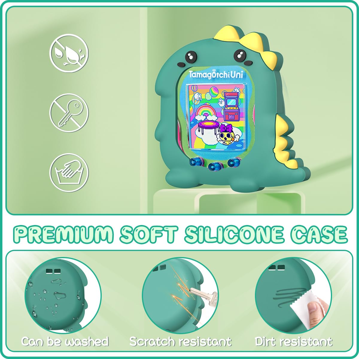 BEARDDO Silicone Case Compatible with Tamagotchi Uni Case, Cute Cartoon Green Dinosaur Virtual Pet Game Machine Protector Cover for Tamagotchi Uni