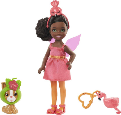 Barbie Club Chelsea Dress-Up Doll, 6-in Brunette in Flamingo Costume, with Pet Kitten and Accessories, Gift for 3 to 7 Year Olds