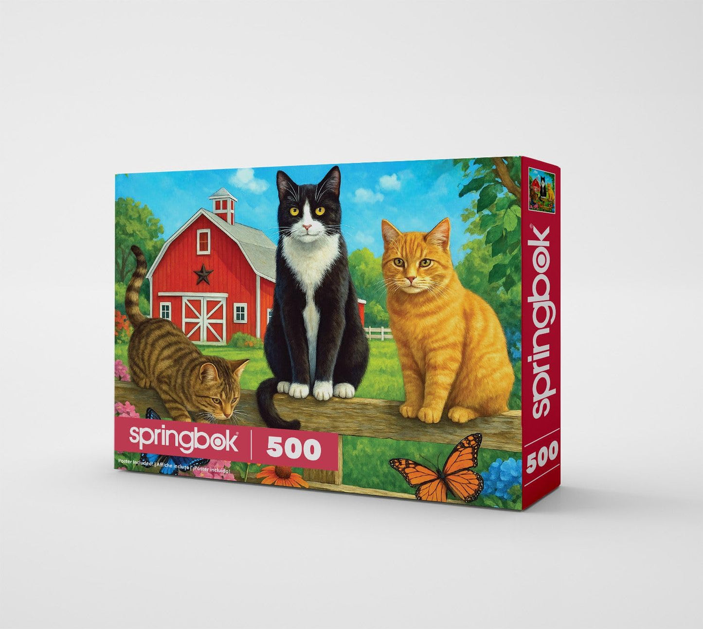 Springbok Farm Cats 500 Piece Jigsaw Puzzle for Adults & Family - Poster Now Included - Country Farm Art, Playful Cats Illustration - Unique Cut