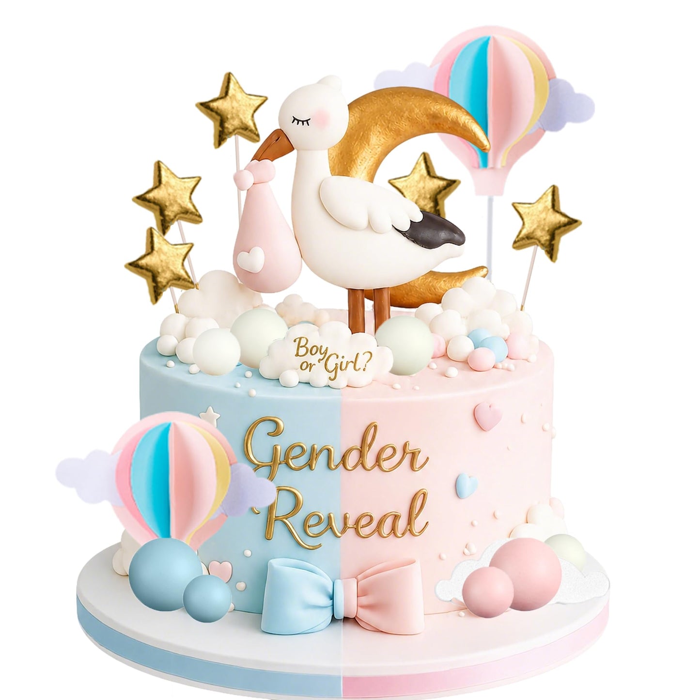 Gender Reveal Cake Topper Storks Cake Decorations Cloud Star Moon Hot Air Balloon Pink Blue Balls for Birthday Gender Reveal