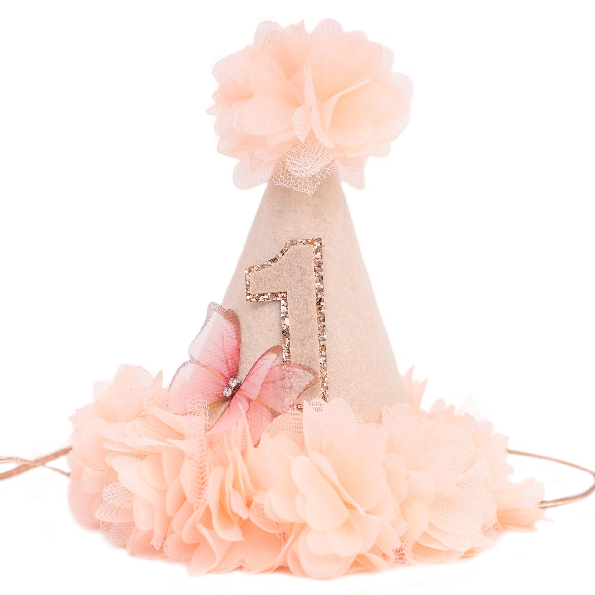 MADENG Rose First Birthday Hat - 1st Birthday Party Decoration, Pink Butterfly 1st Birthday Hat, Flowers 1st Birthday Crown, Cake Crush Champagne Gold