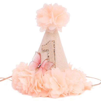 MADENG Rose First Birthday Hat - 1st Birthday Party Decoration, Pink Butterfly 1st Birthday Hat, Flowers 1st Birthday Crown, Cake Crush Champagne Gold