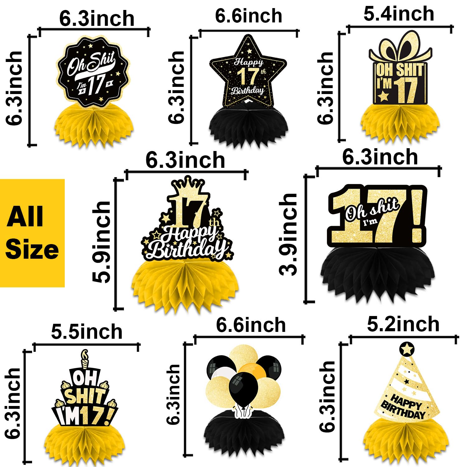 Oh S*it I’m 17 Happy 17th Birthday Honeycomb Centerpieces Balloons Confetti Theme Table Toppers Hello 17 Table Decorations Funny Birthday Decor